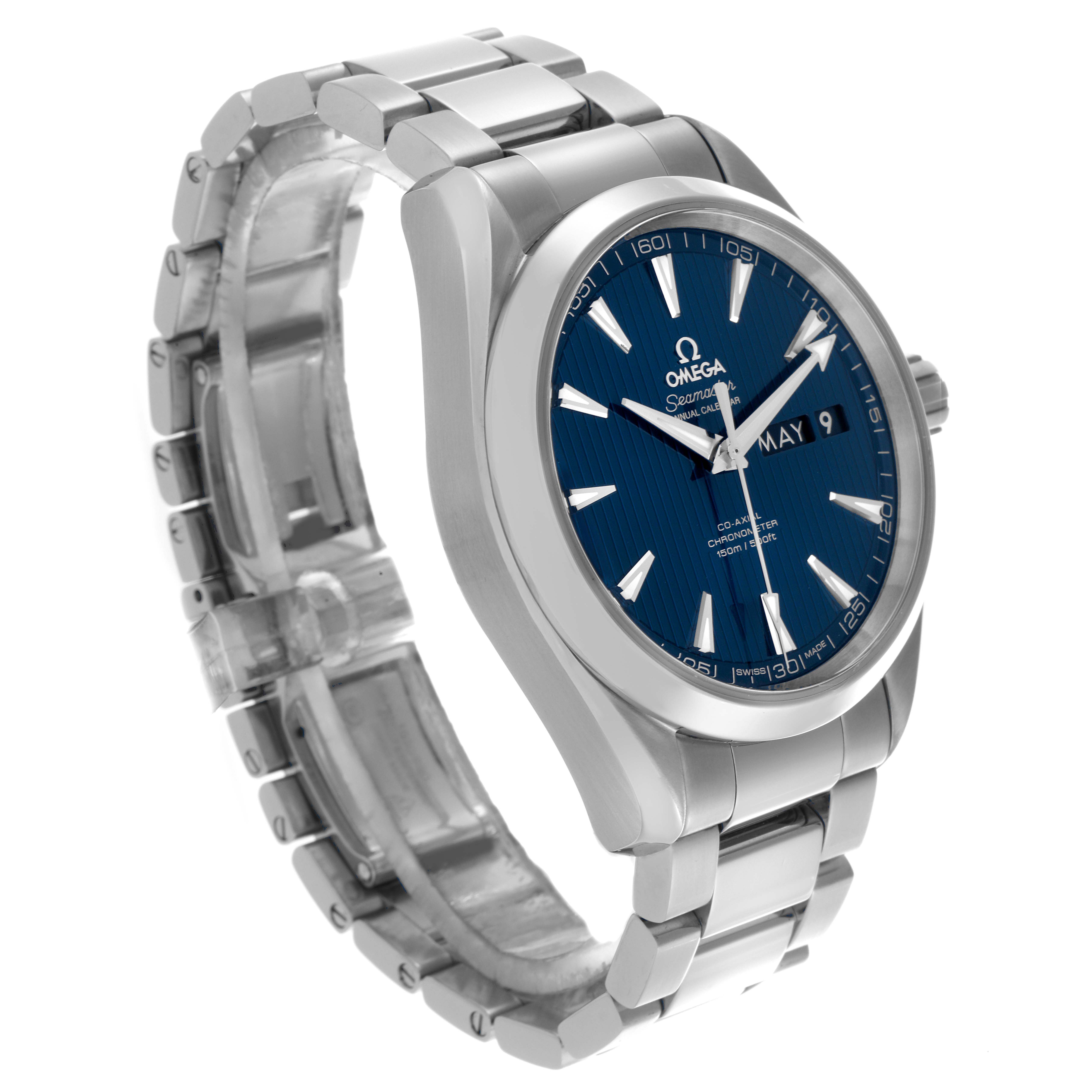 The Omega Aqua Terra 231.10.43.22.03.002 Men
s Stainless Steel Blue Dial 231.10.43.22.03.002 Men
s Stainless Steel Blue Dial watch is shown at a three-quarter angle, displaying its blue dial, hour markers, and metal bracelet.