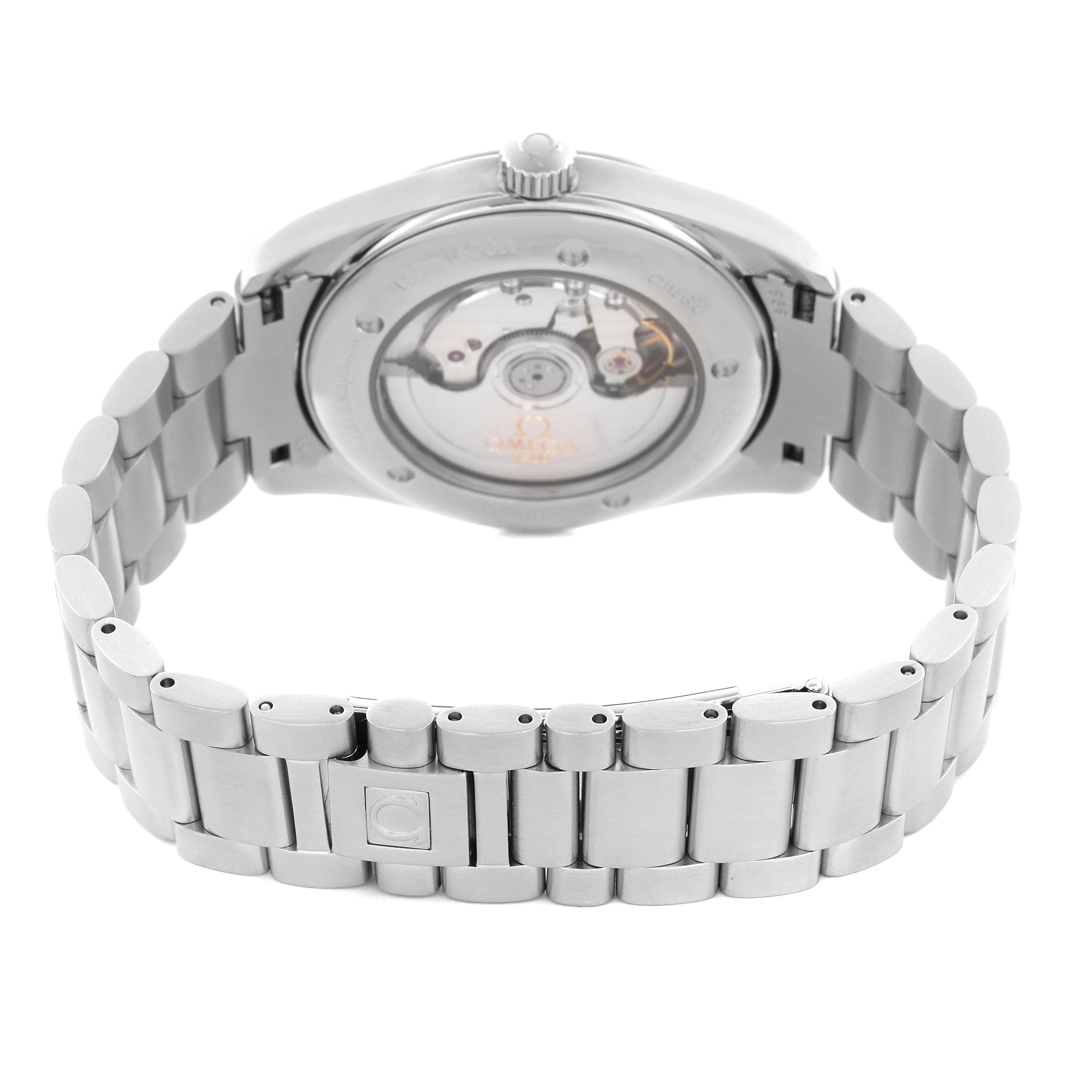 The Omega Seamaster 70839 Men
s Stainless Steel White Dial 70839 Men
s Stainless Steel White Dial watch is shown from the backside, highlighting the case back and metal bracelet.