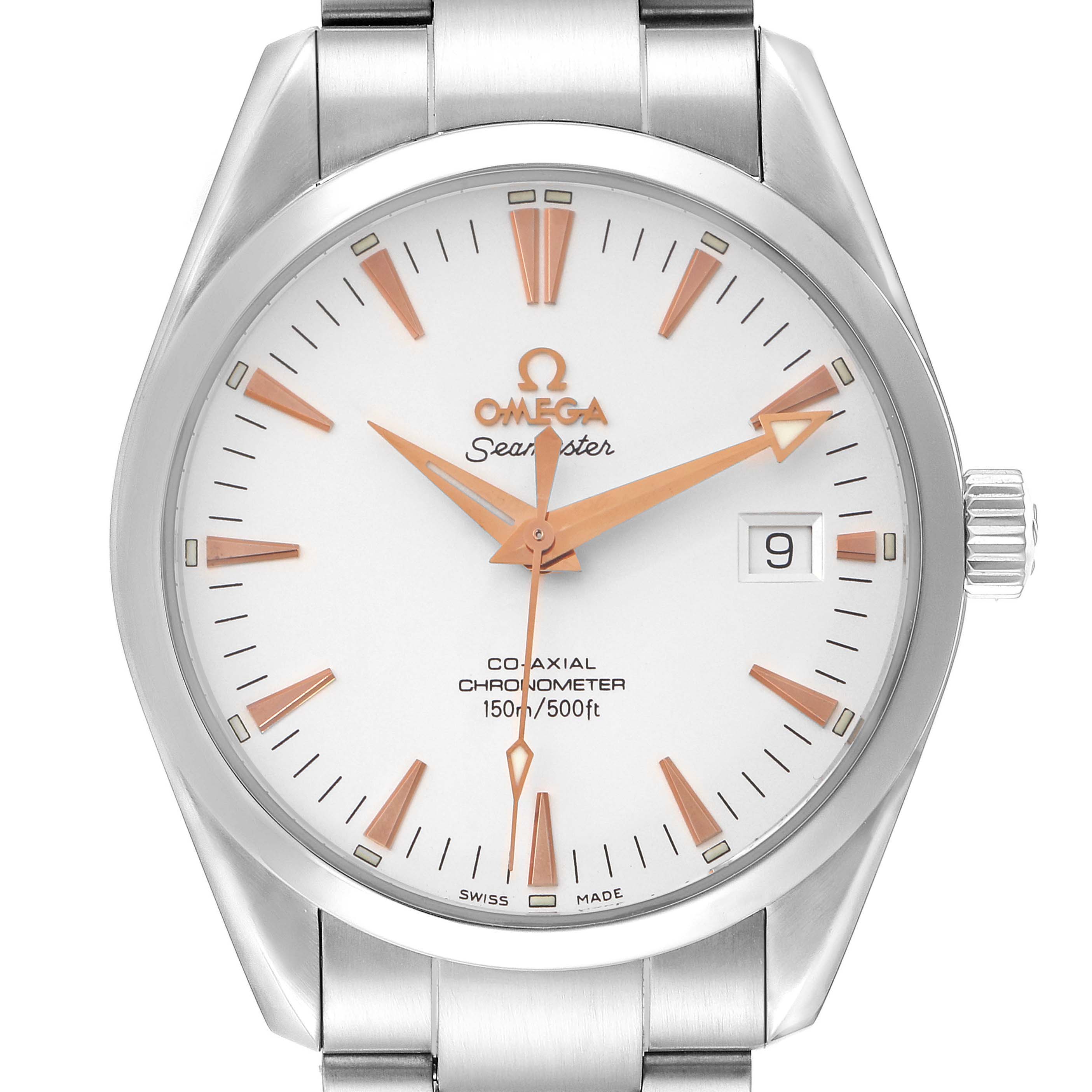 The Omega Seamaster 70839 Men
s Stainless Steel White Dial 70839 Men
s Stainless Steel White Dial watch is shown from a top-down angle, displaying the dial, hands, indices, and part of the bracelet.