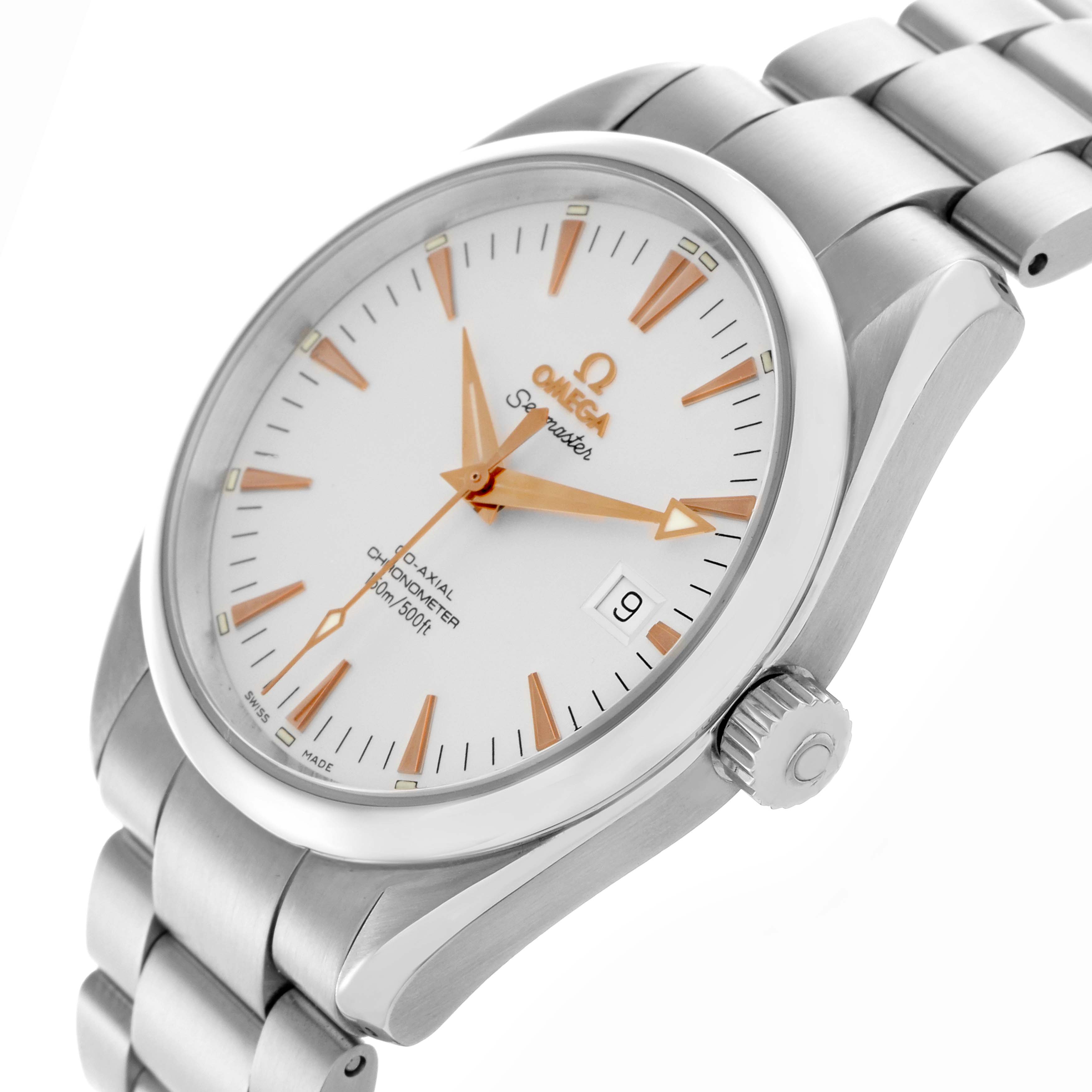 The Omega Seamaster 70839 Men
s Stainless Steel White Dial 70839 Men
s Stainless Steel White Dial watch is shown at a slight angle, highlighting the face, crown, and part of the bracelet.