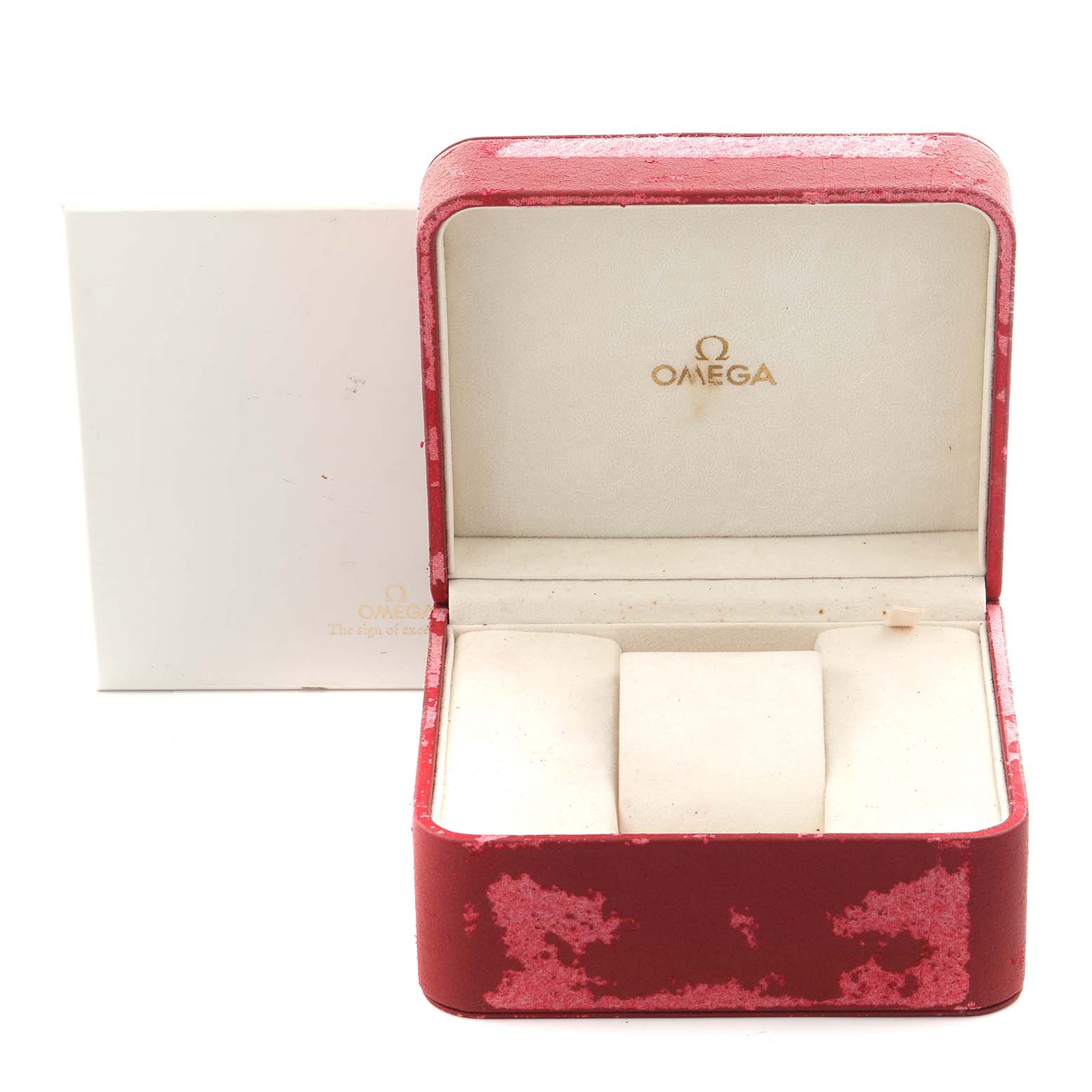 The image shows a red Omega Seamaster 70839 Men
s Stainless Steel White Dial 70839 Men
s Stainless Steel White Dial watch box, viewed from the front with its lid open, displaying the interior lining.