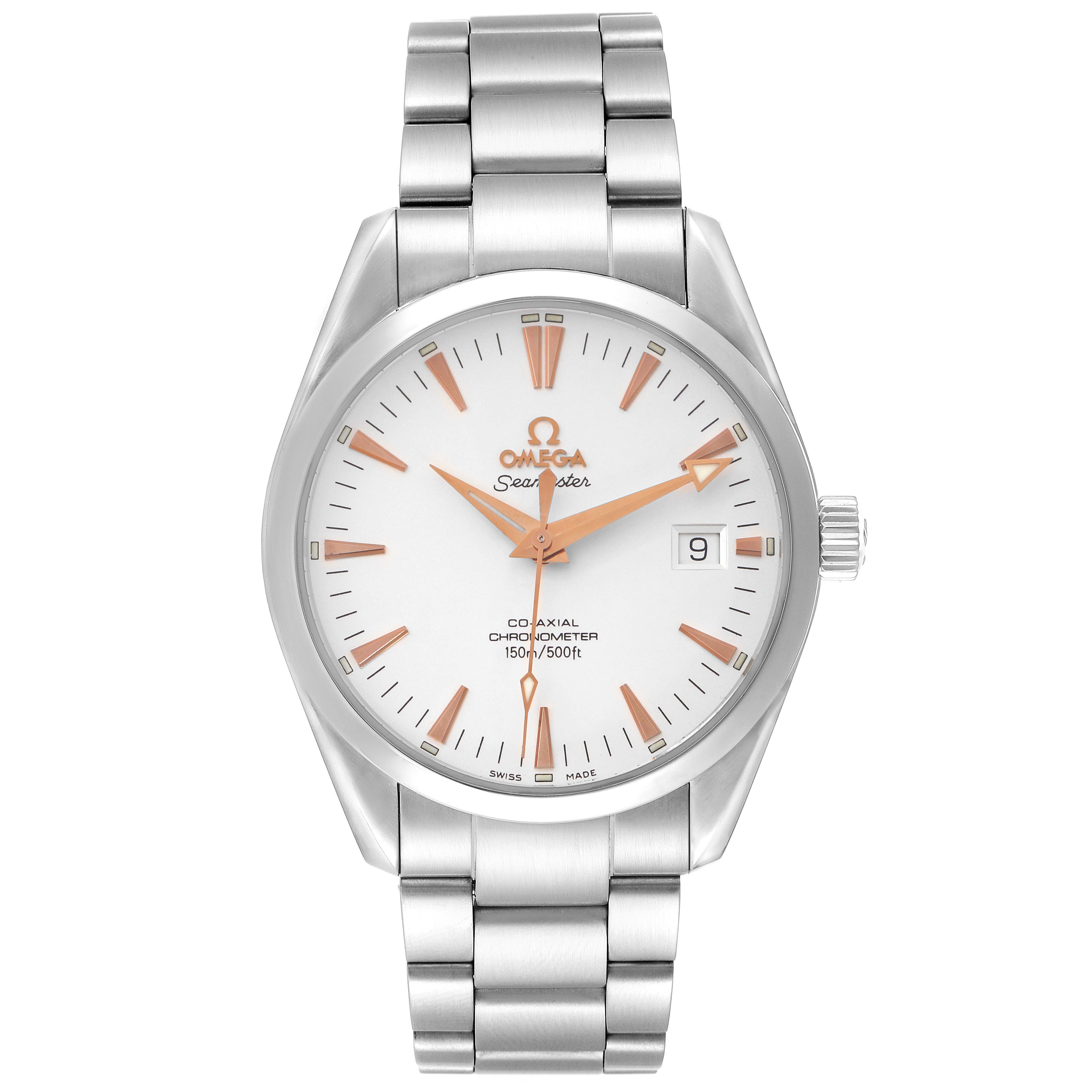 The Omega Seamaster 70839 Men
s Stainless Steel White Dial 70839 Men
s Stainless Steel White Dial watch is shown from a front angle, displaying the dial, bracelet, and crown clearly.