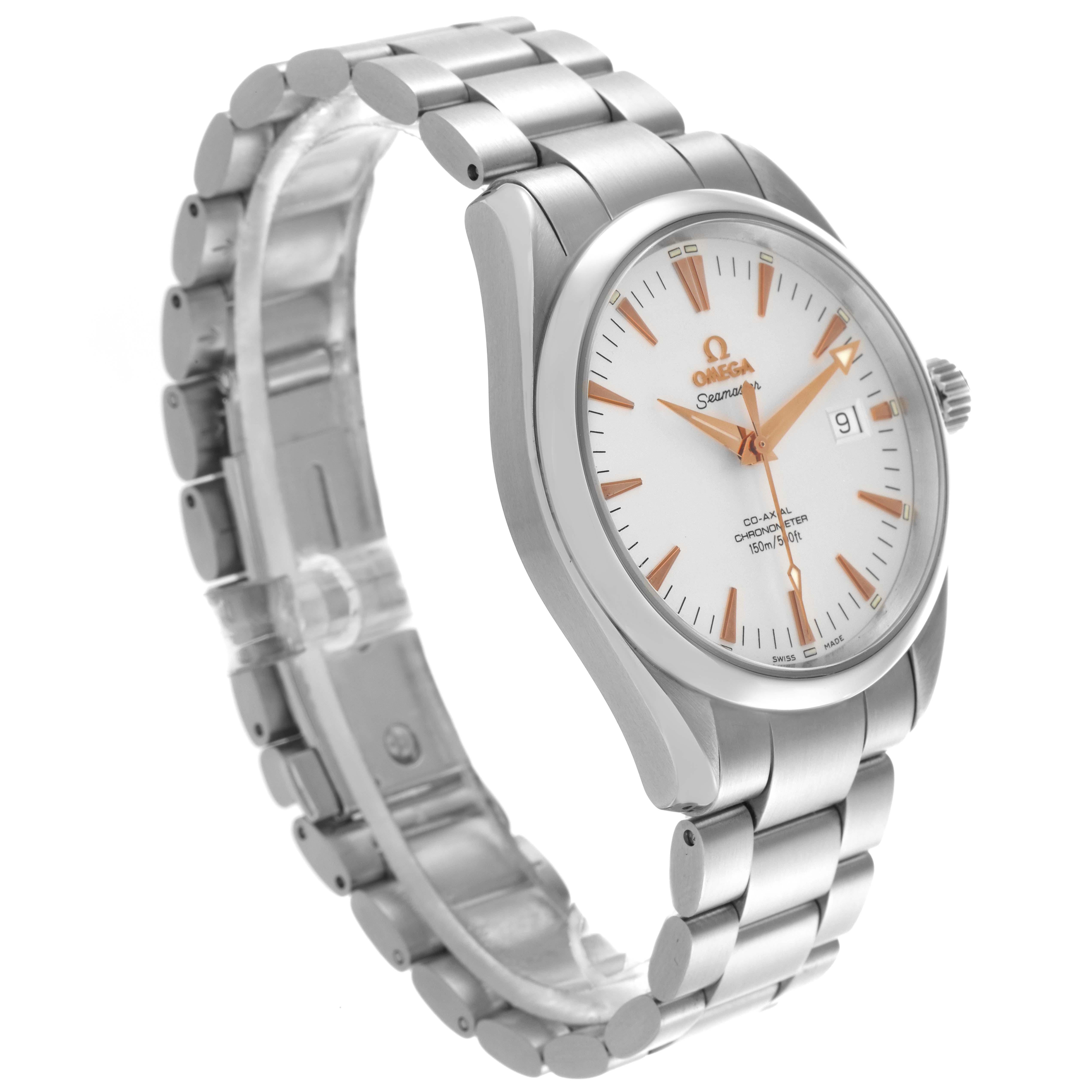 The Omega Seamaster 70839 Men
s Stainless Steel White Dial 70839 Men
s Stainless Steel White Dial watch is shown at a front-side angle, displaying the bracelet, case, and face with date window.