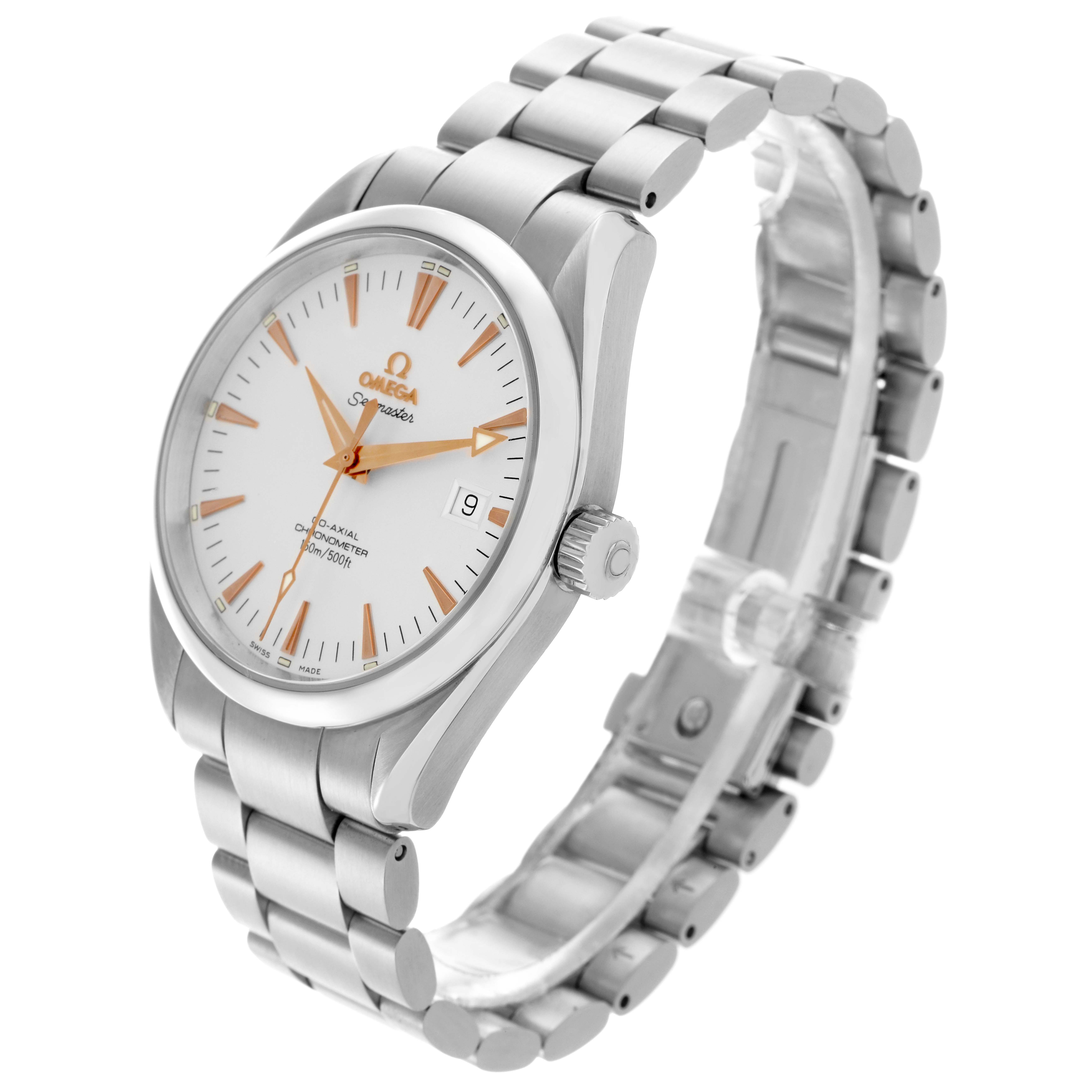 The Omega Seamaster 70839 Men
s Stainless Steel White Dial 70839 Men
s Stainless Steel White Dial watch is shown at an angled view, displaying the face, bezel, crown, and bracelet.