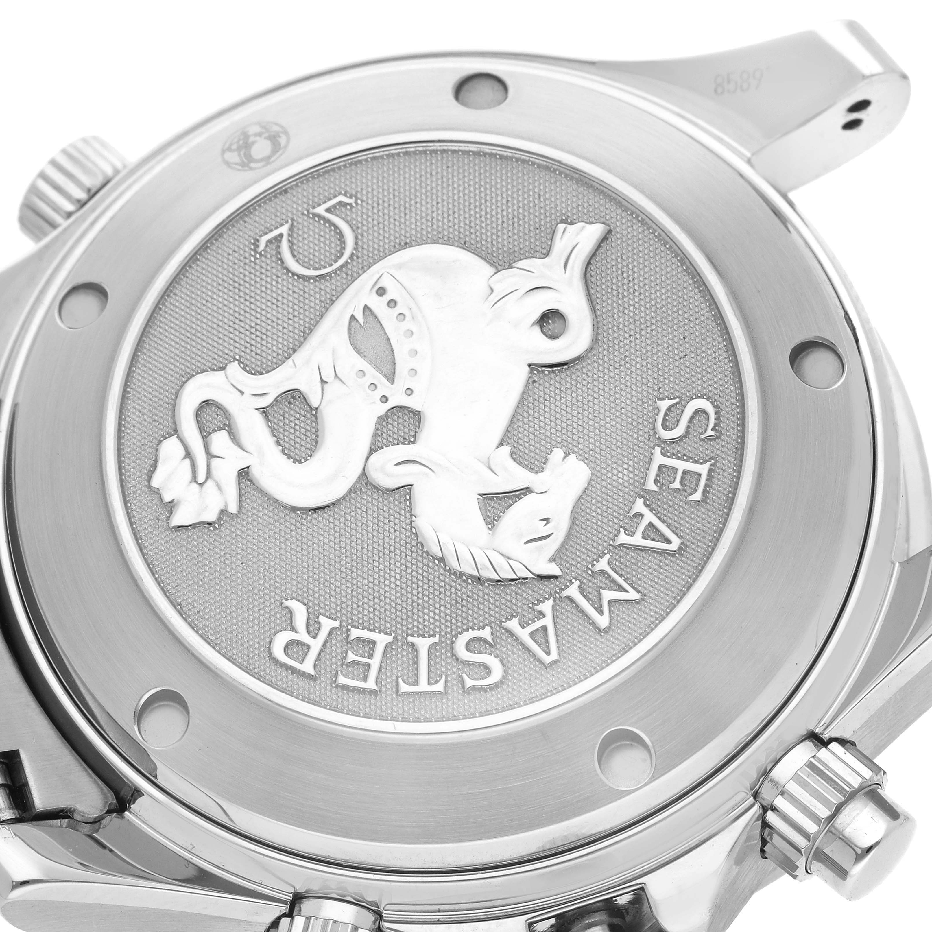 The image shows the back case of an Omega Seamaster 213.30.42.40.01.001 Men
s Stainless Steel Black Dial 213.30.42.40.01.001 Men
s Stainless Steel Black Dial watch, featuring the embossed logo and text.