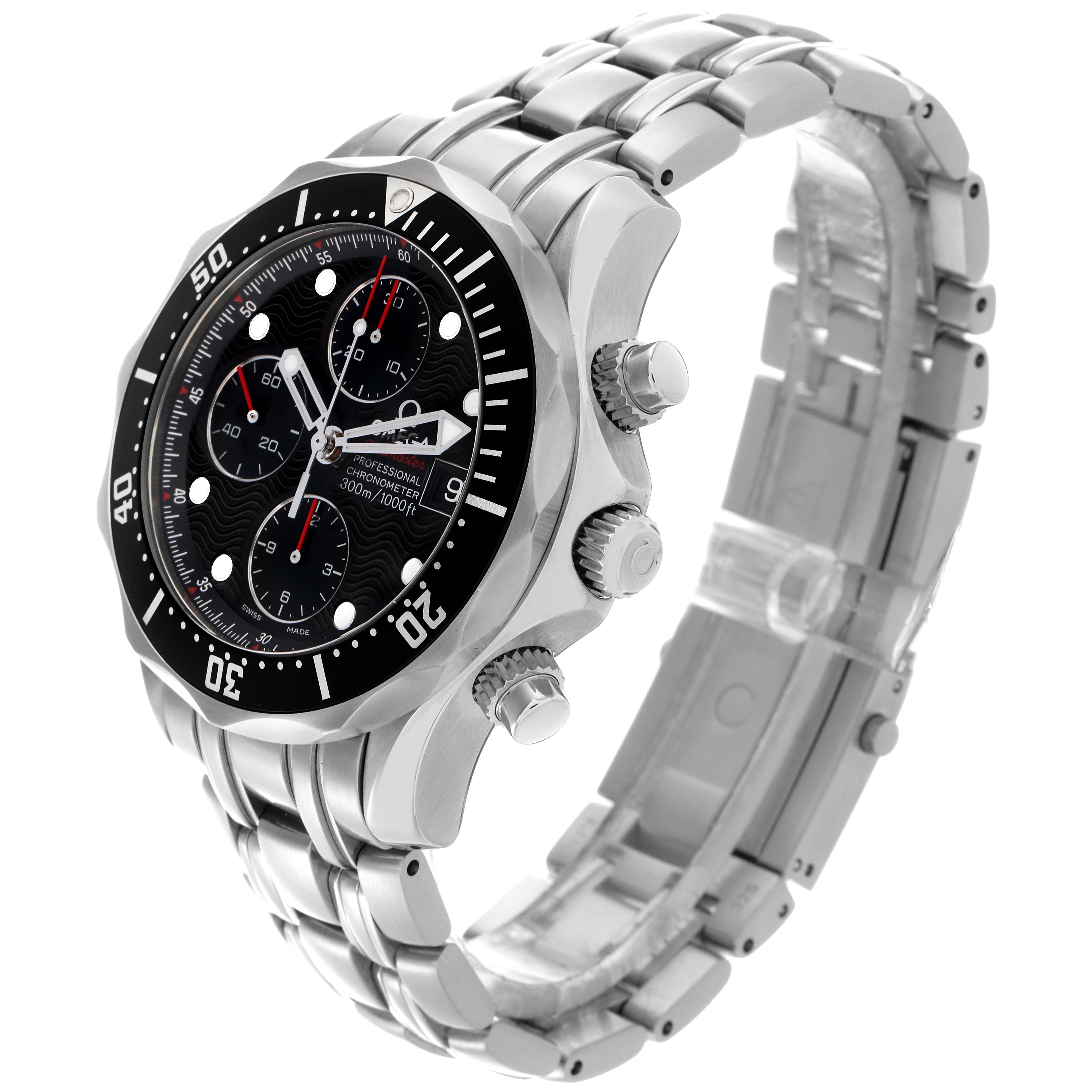 The Omega Seamaster 213.30.42.40.01.001 Men
s Stainless Steel Black Dial 213.30.42.40.01.001 Men
s Stainless Steel Black Dial watch is shown at a three-quarter angle, highlighting the face, bezel, crown, and bracelet.