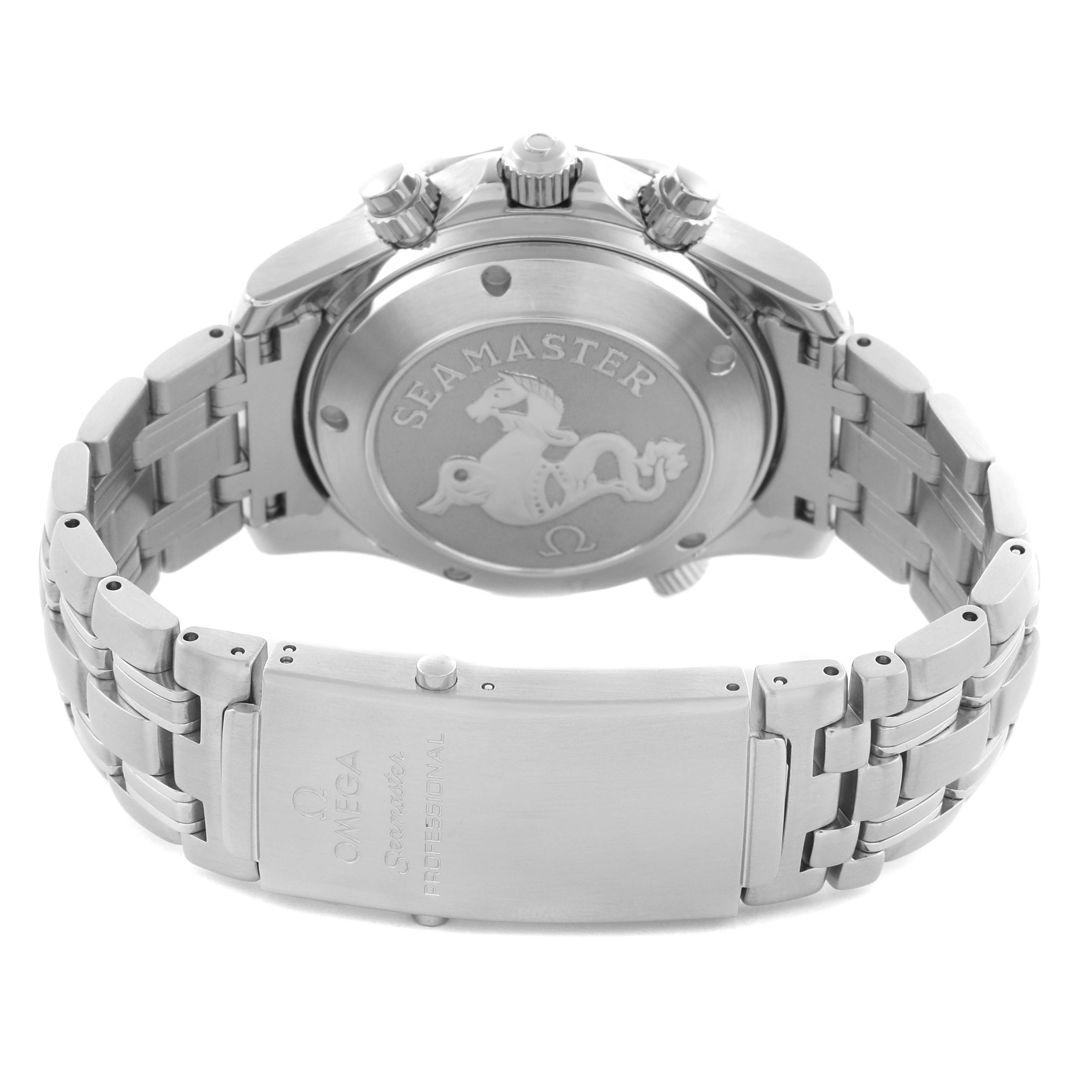 The image shows the back and clasp of the Omega Seamaster 213.30.42.40.01.001 Men
s Stainless Steel Black Dial 213.30.42.40.01.001 Men
s Stainless Steel Black Dial watch, highlighting the engraved case back and metal bracelet.