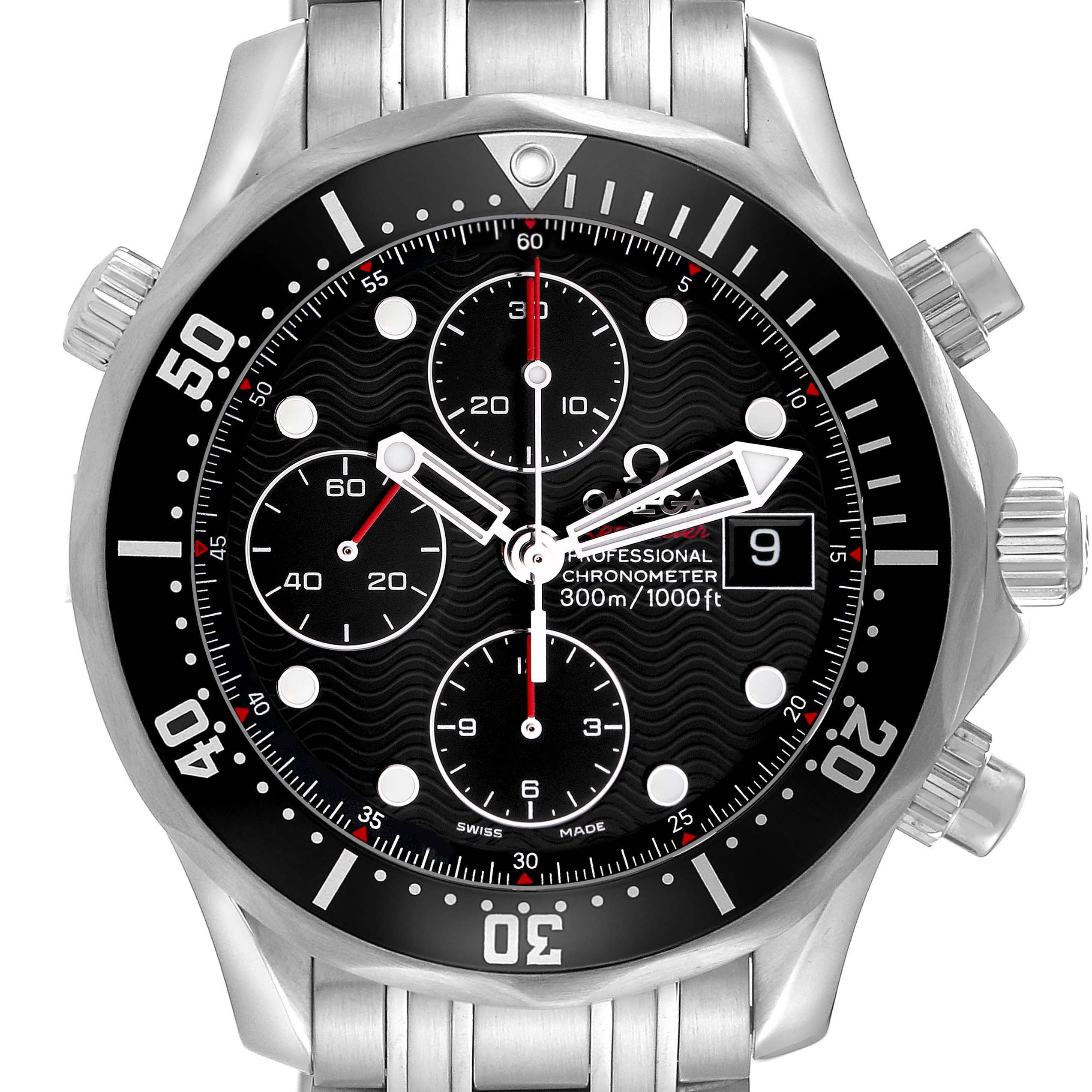 The Omega Seamaster 213.30.42.40.01.001 Men
s Stainless Steel Black Dial 213.30.42.40.01.001 Men
s Stainless Steel Black Dial watch is shown from the front, highlighting the dial, hands, bezel, and crown.