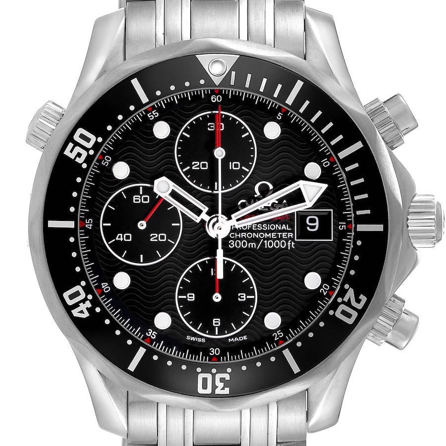 The Omega Seamaster watch is shown from the front, highlighting the dial, hands, bezel, and crown.