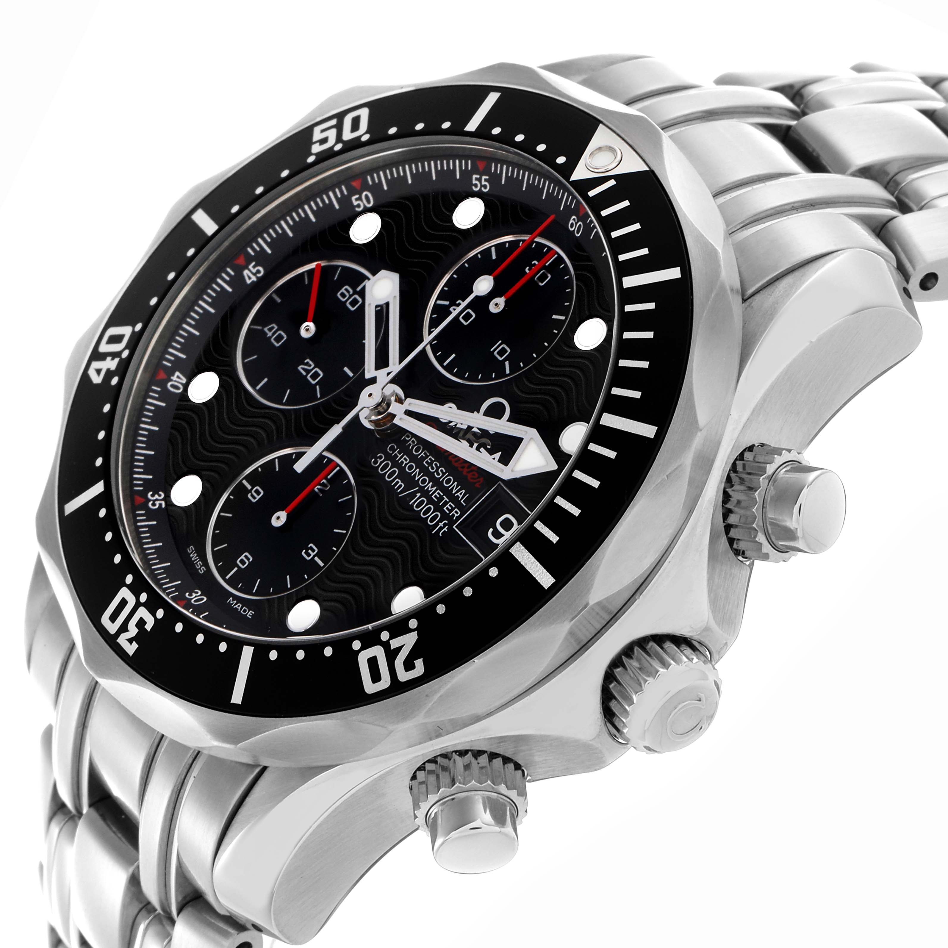 The Omega Seamaster 213.30.42.40.01.001 Men
s Stainless Steel Black Dial 213.30.42.40.01.001 Men
s Stainless Steel Black Dial watch is shown at an angle highlighting the bezel, chronograph sub-dials, crown, and stainless steel bracelet.