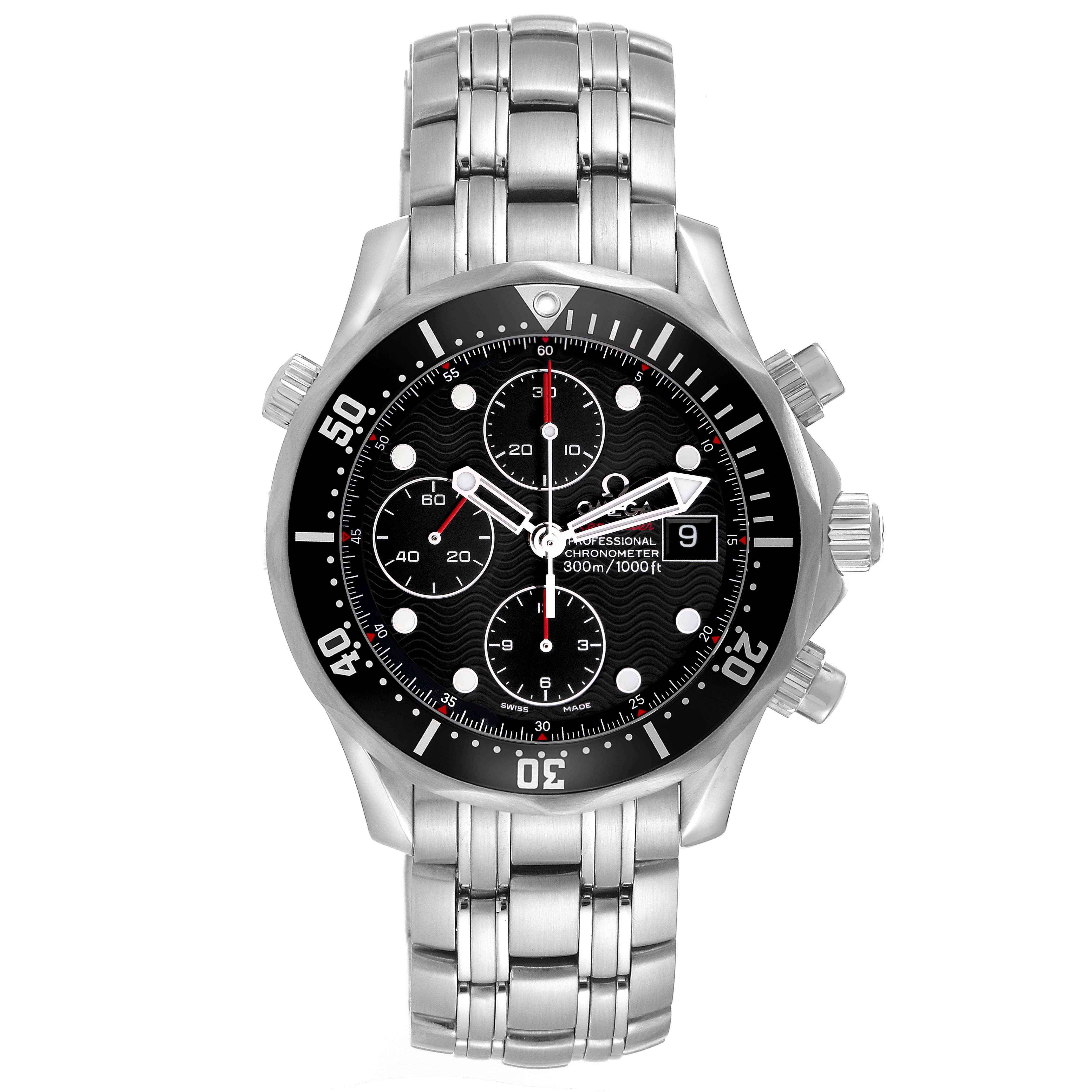 The Omega Seamaster 213.30.42.40.01.001 Men
s Stainless Steel Black Dial 213.30.42.40.01.001 Men
s Stainless Steel Black Dial watch is shown from a front angle, displaying the face, bezel, bracelet, and chronograph dials.