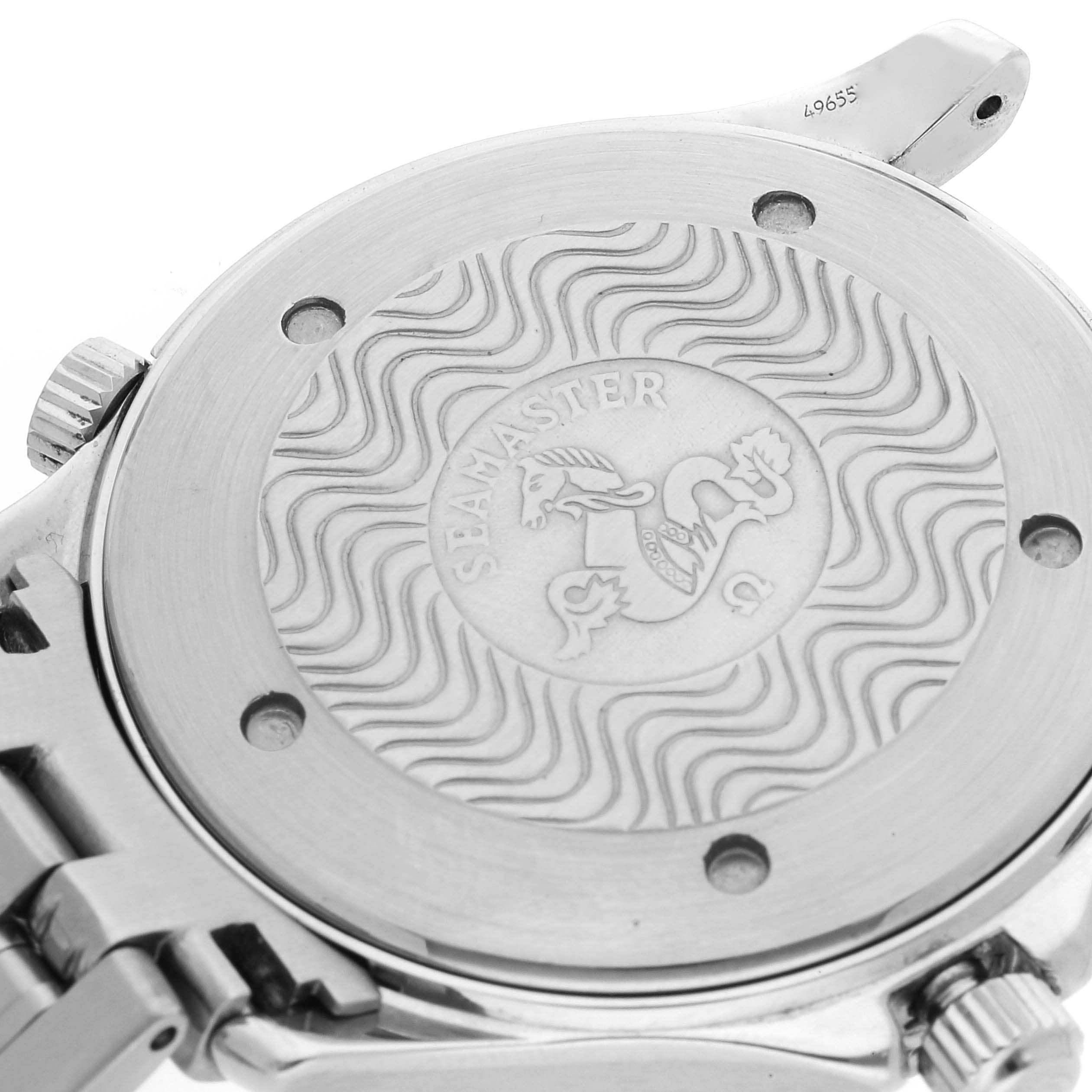 The image shows the engraved case back of an Omega Seamaster 2531.80.00 Men's Stainless Steel Blue Dial 2531.80.00 Men's Stainless Steel Blue Dial watch from a slight diagonal angle.