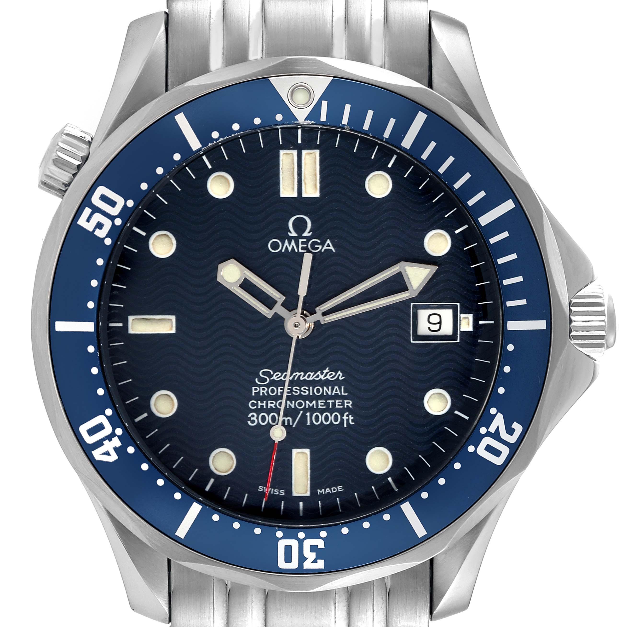 The image shows a front view of an Omega Seamaster 2531.80.00 Men's Stainless Steel Blue Dial 2531.80.00 Men's Stainless Steel Blue Dial watch, highlighting its blue dial, bezel, and stainless steel bracelet.