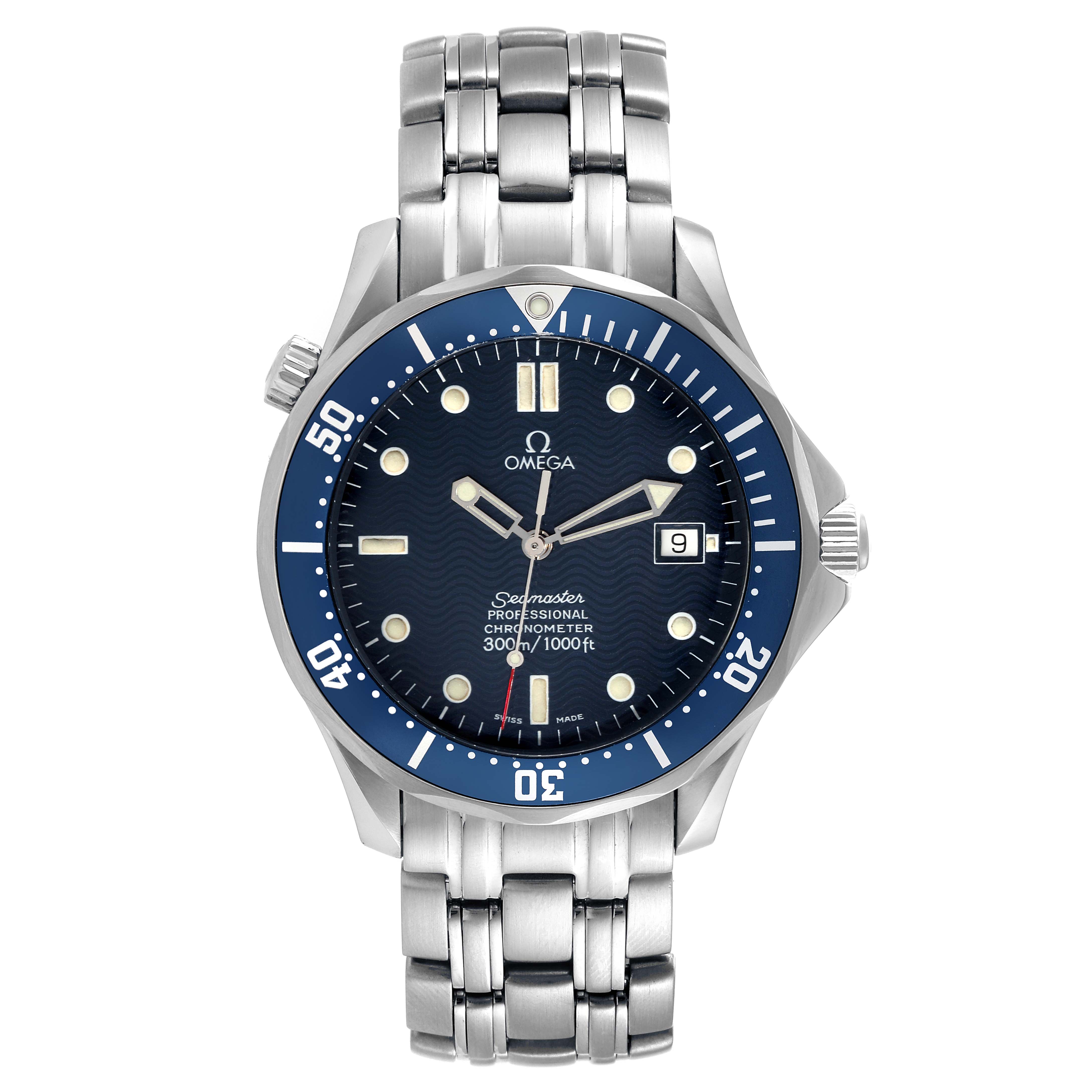 The Omega Seamaster 2531.80.00 Men's Stainless Steel Blue Dial 2531.80.00 Men's Stainless Steel Blue Dial watch is shown from the front, displaying its blue dial, rotating bezel, and stainless steel bracelet.