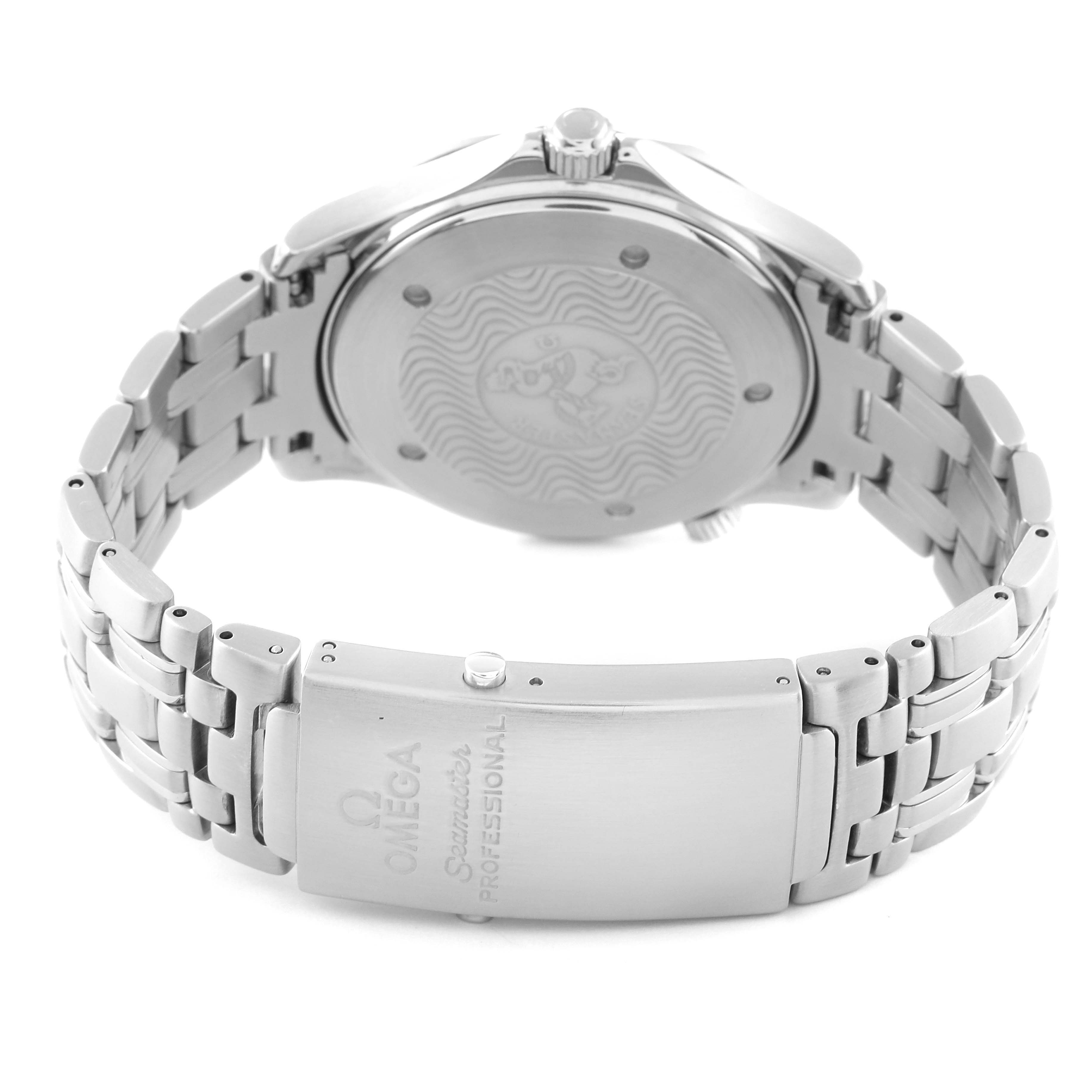 The image shows the back case and bracelet clasp of an Omega Seamaster 2531.80.00 Men's Stainless Steel Blue Dial 2531.80.00 Men's Stainless Steel Blue Dial watch, highlighting its stainless steel design and engravings.