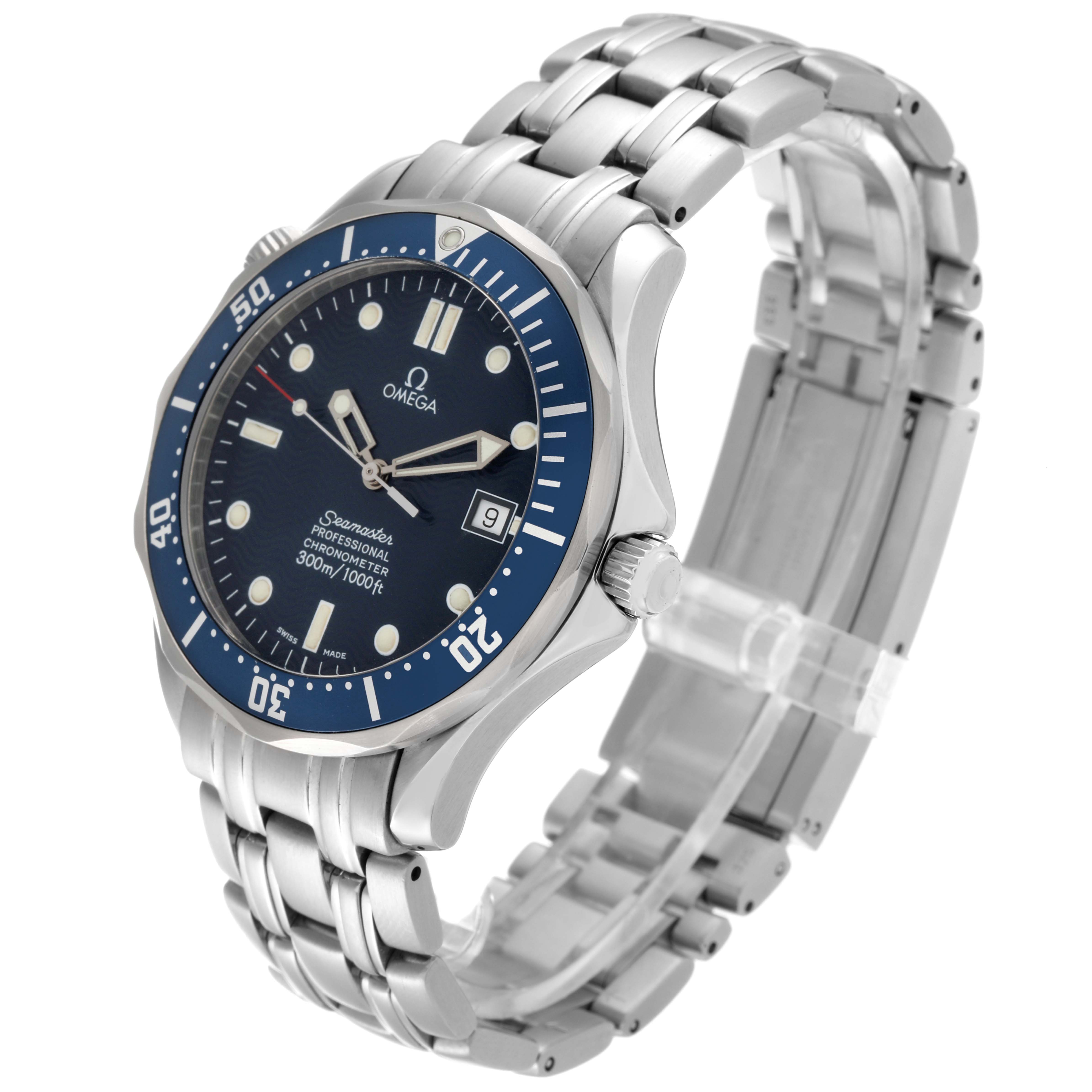 The image shows an angled view of an Omega Seamaster 2531.80.00 Men's Stainless Steel Blue Dial 2531.80.00 Men's Stainless Steel Blue Dial, displaying its blue dial, rotating bezel, bracelet, and crown.