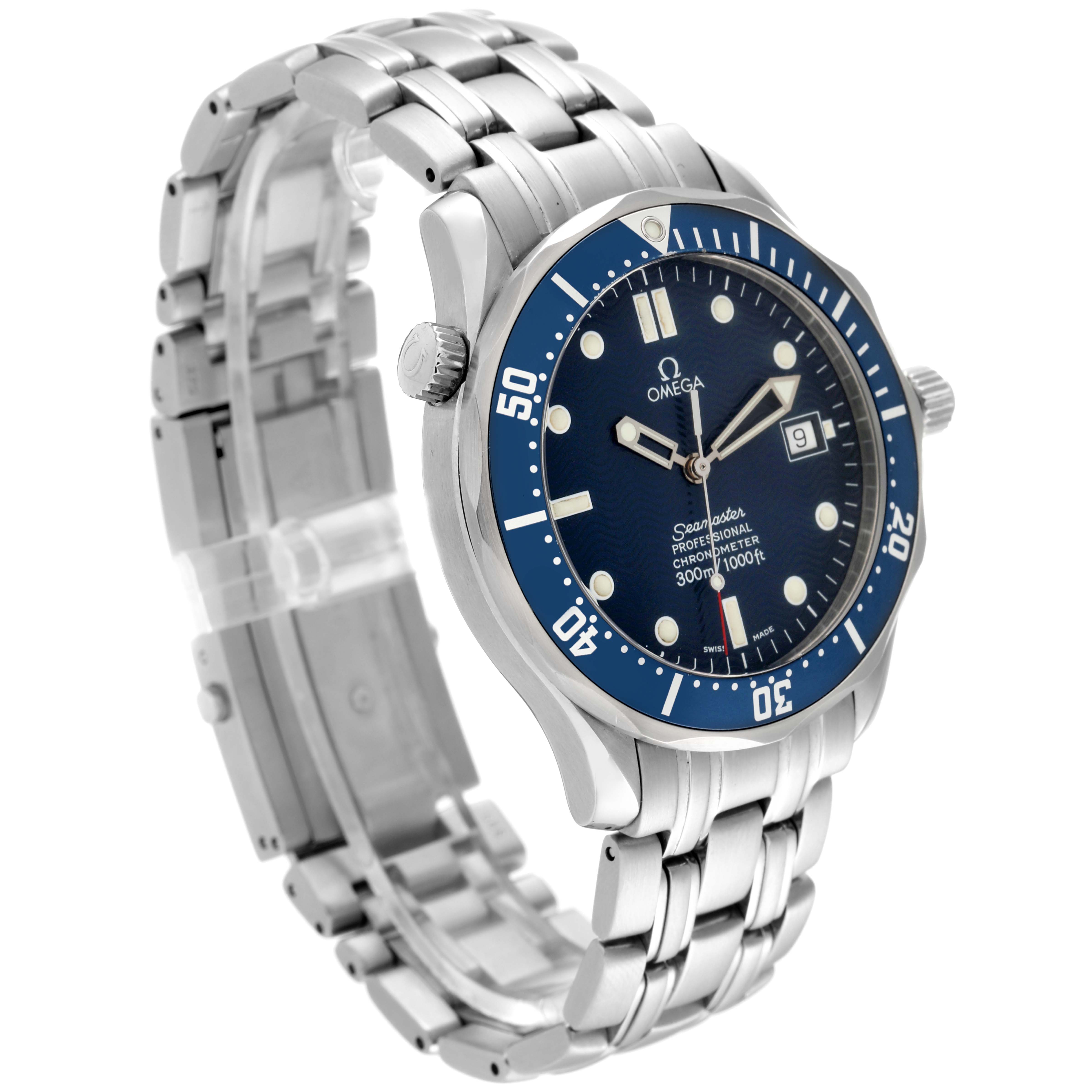 The Omega Seamaster 2531.80.00 Men's Stainless Steel Blue Dial 2531.80.00 Men's Stainless Steel Blue Dial watch is shown at a slight angle, displaying its blue dial, bezel, and stainless steel bracelet.