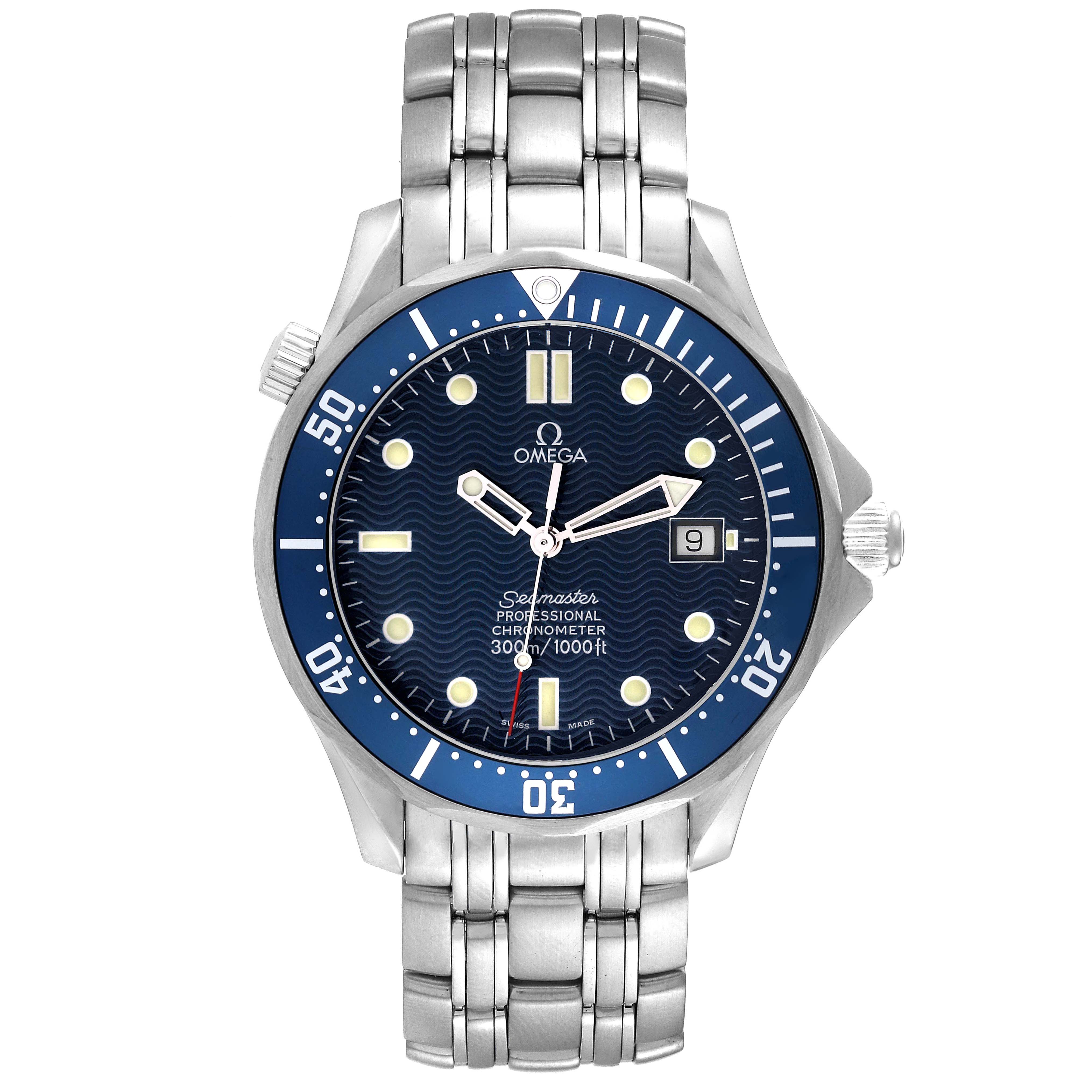 The Omega Seamaster 2531.80.00 Men
s Stainless Steel Blue Dial 2531.80.00 Men
s Stainless Steel Blue Dial watch is shown from a front view, displaying its face, bezel, and bracelet.