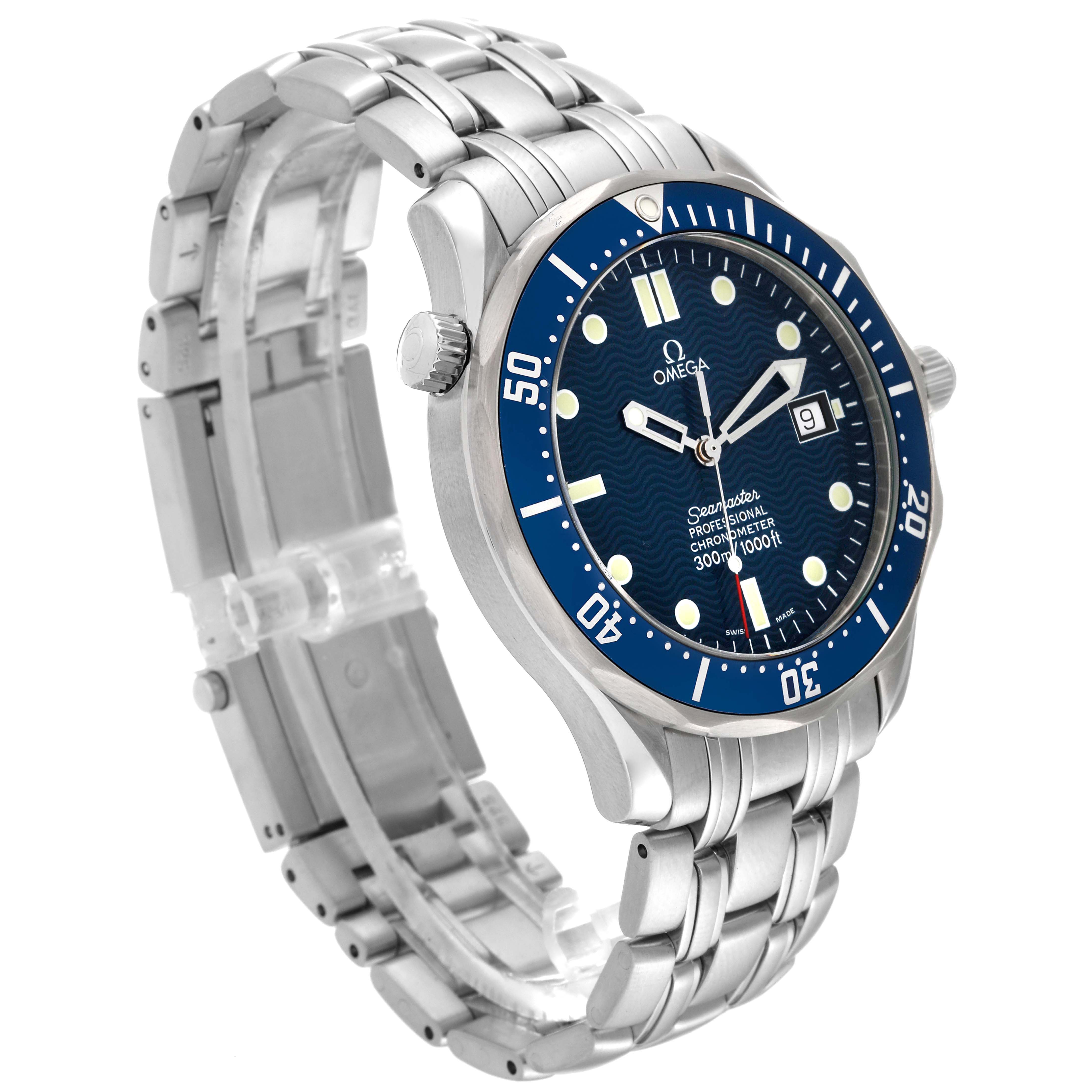 This Omega Seamaster 2531.80.00 Men
s Stainless Steel Blue Dial 2531.80.00 Men
s Stainless Steel Blue Dial watch is shown at a three-quarter angle, highlighting the dial, bezel, case, and the linked metal bracelet.