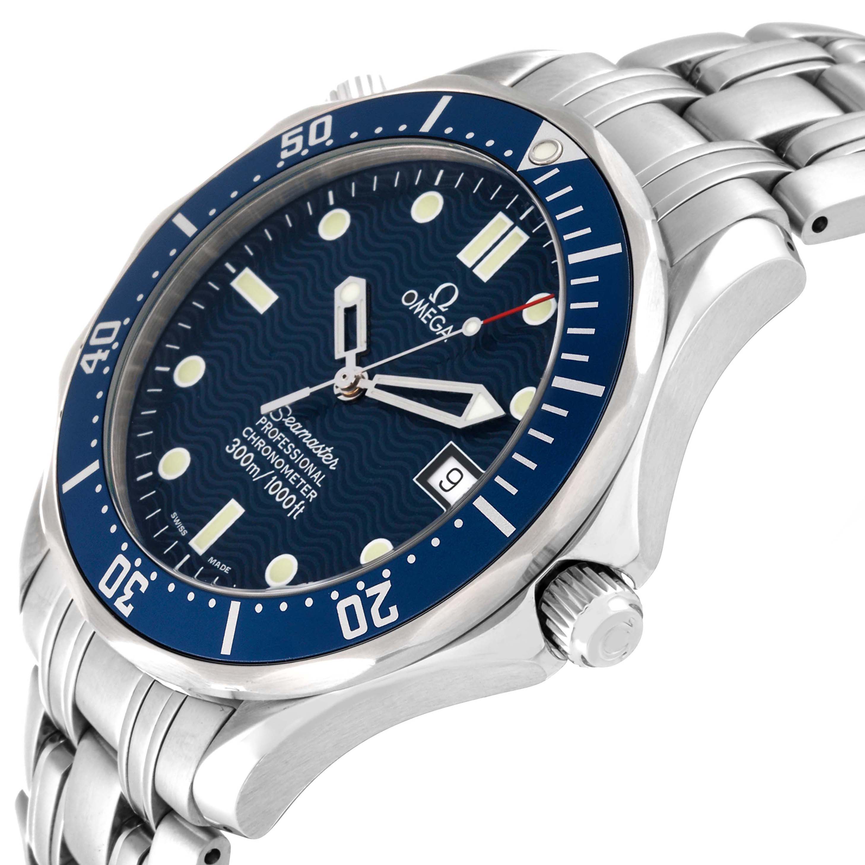 This is a close-up angled view of the Omega Seamaster 2531.80.00 Men
s Stainless Steel Blue Dial 2531.80.00 Men
s Stainless Steel Blue Dial watch, showing the bezel, crown, bracelet, and dial with a date display.