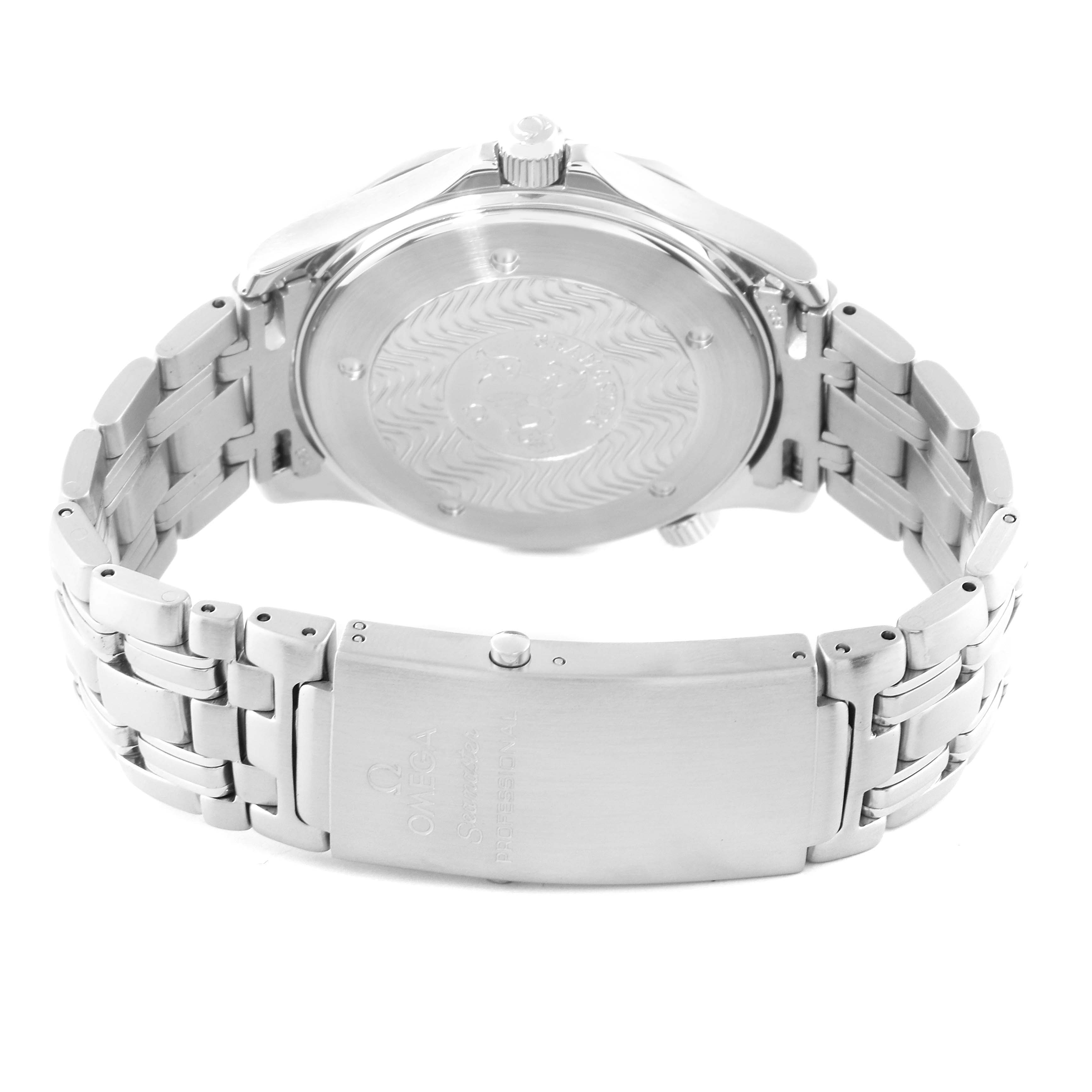 The image shows the back view of an Omega Seamaster 2531.80.00 Men
s Stainless Steel Blue Dial 2531.80.00 Men
s Stainless Steel Blue Dial watch, highlighting the case back and part of the stainless steel bracelet.