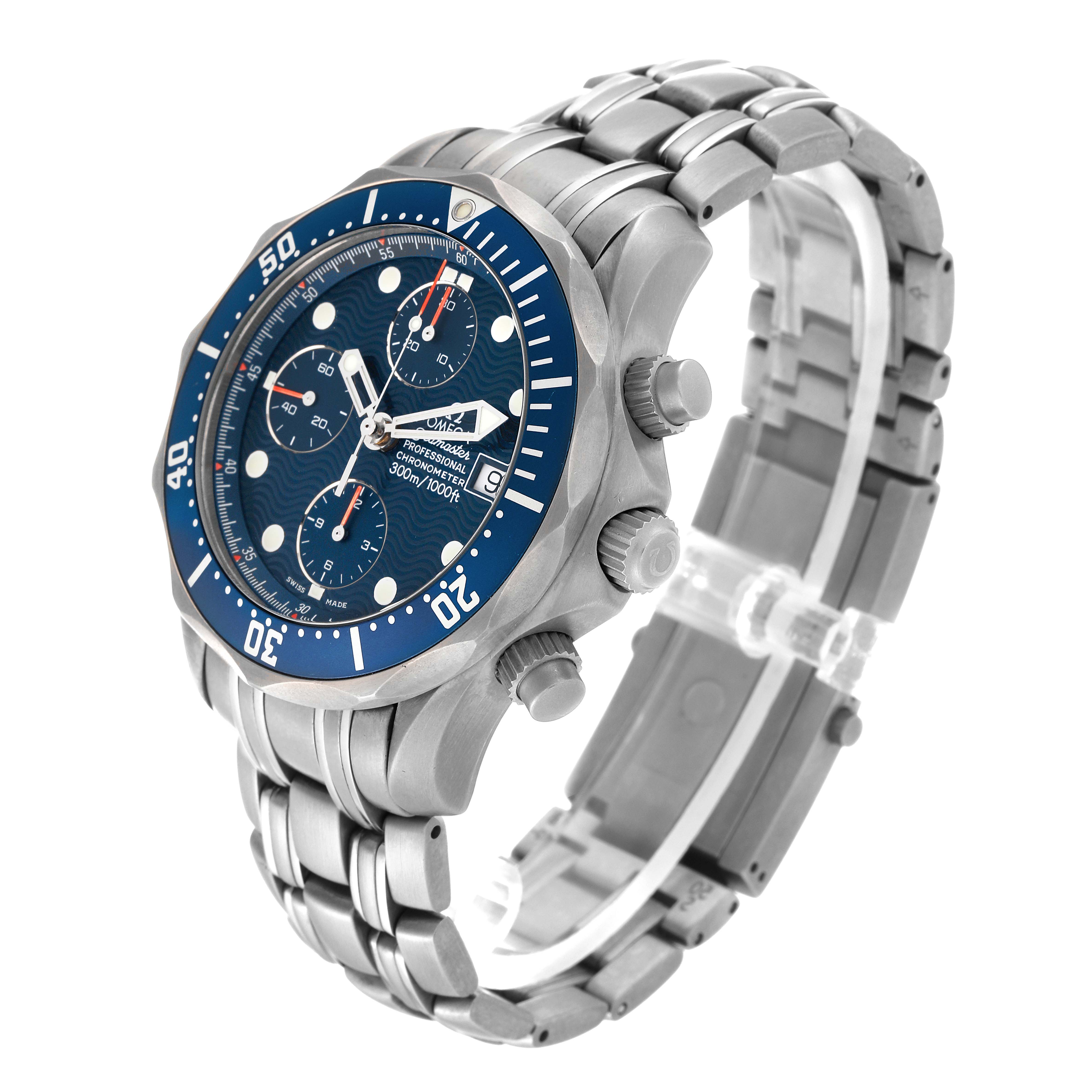 The Omega Seamaster 2298.80.00 Men's Stainless Steel Blue Dial 2298.80.00 Men's Stainless Steel Blue Dial watch is shown at a 3/4 angle, displaying its blue dial, bezel, chronograph subdials, and stainless steel bracelet.