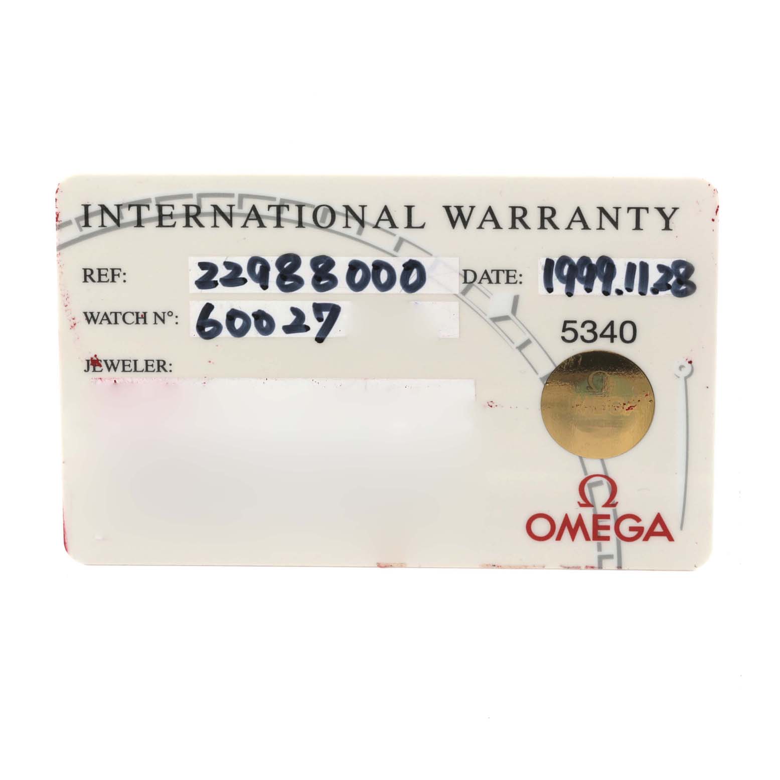 The image shows an international warranty card for the Omega Seamaster 2298.80.00 Men's Stainless Steel Blue Dial 2298.80.00 Men's Stainless Steel Blue Dial model watch.