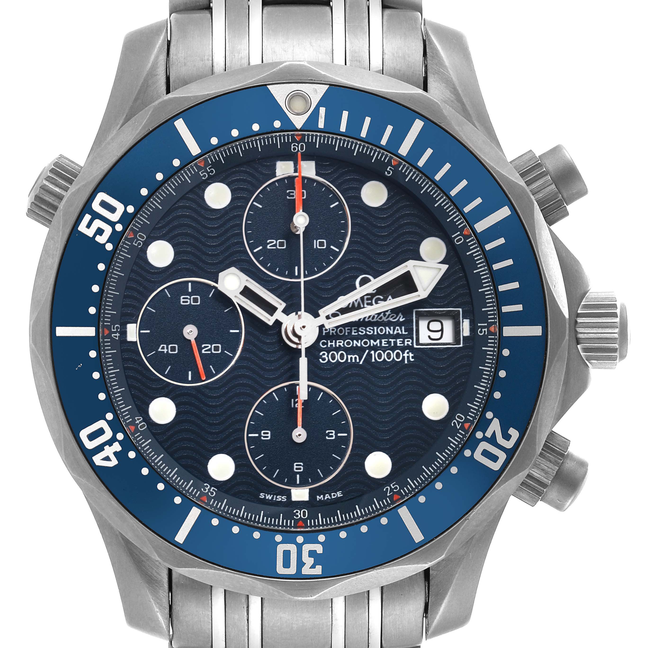 The image shows a front view of the Omega Seamaster 2298.80.00 Men's Stainless Steel Blue Dial 2298.80.00 Men's Stainless Steel Blue Dial watch, detailing the dial, bezel, and chronograph subdials.