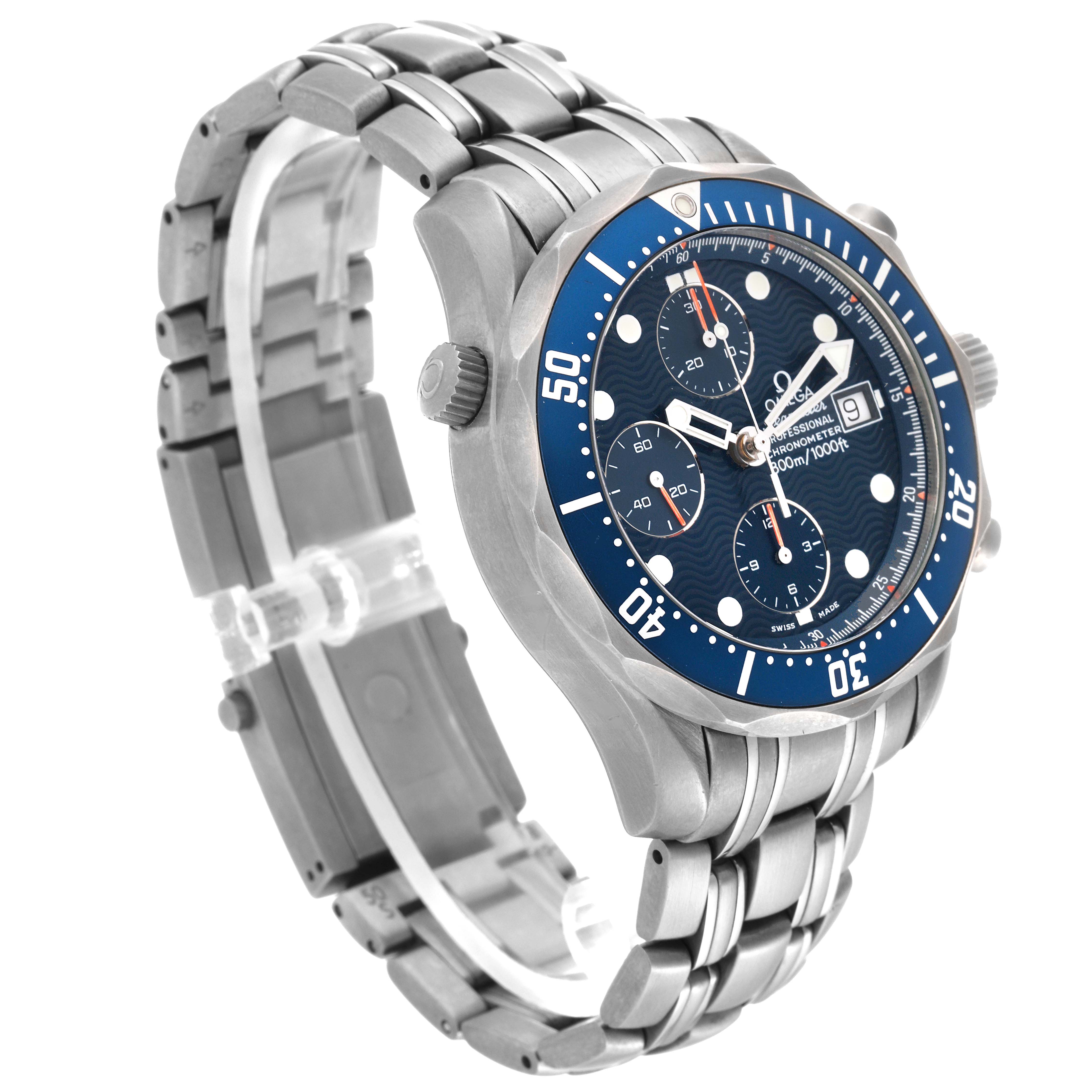 The image shows a side-angle view of the Omega Seamaster 2298.80.00 Men's Stainless Steel Blue Dial 2298.80.00 Men's Stainless Steel Blue Dial watch, highlighting the blue dial, bezel, and stainless steel bracelet.
