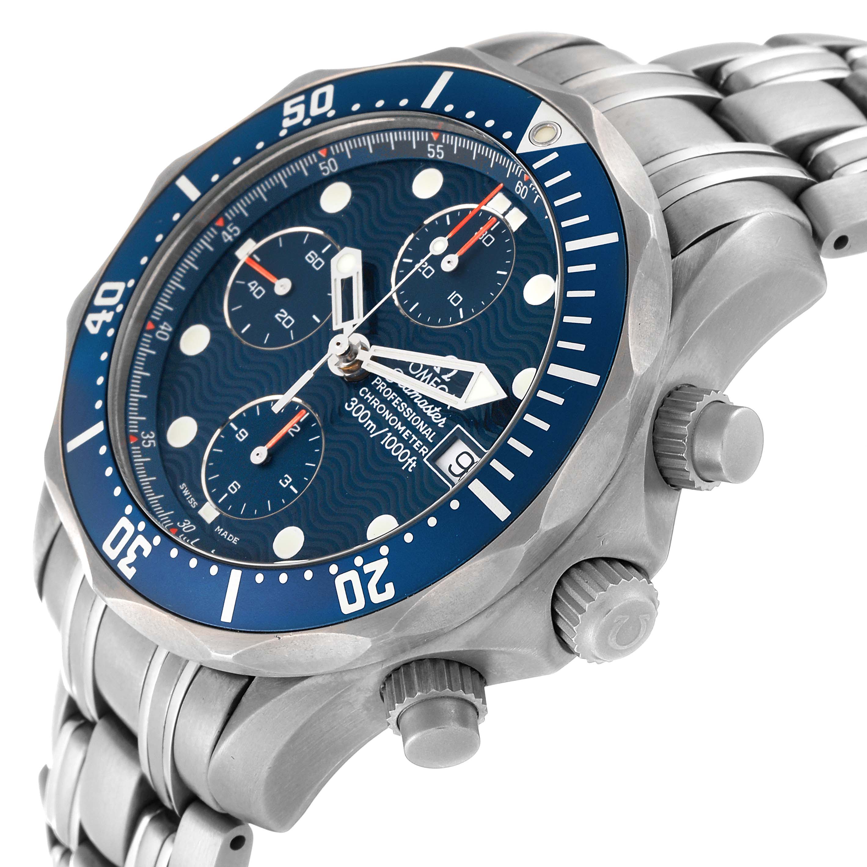 The image shows an angled view of the Omega Seamaster 2298.80.00 Men's Stainless Steel Blue Dial 2298.80.00 Men's Stainless Steel Blue Dial watch, highlighting the dial, bezel, and part of the bracelet.