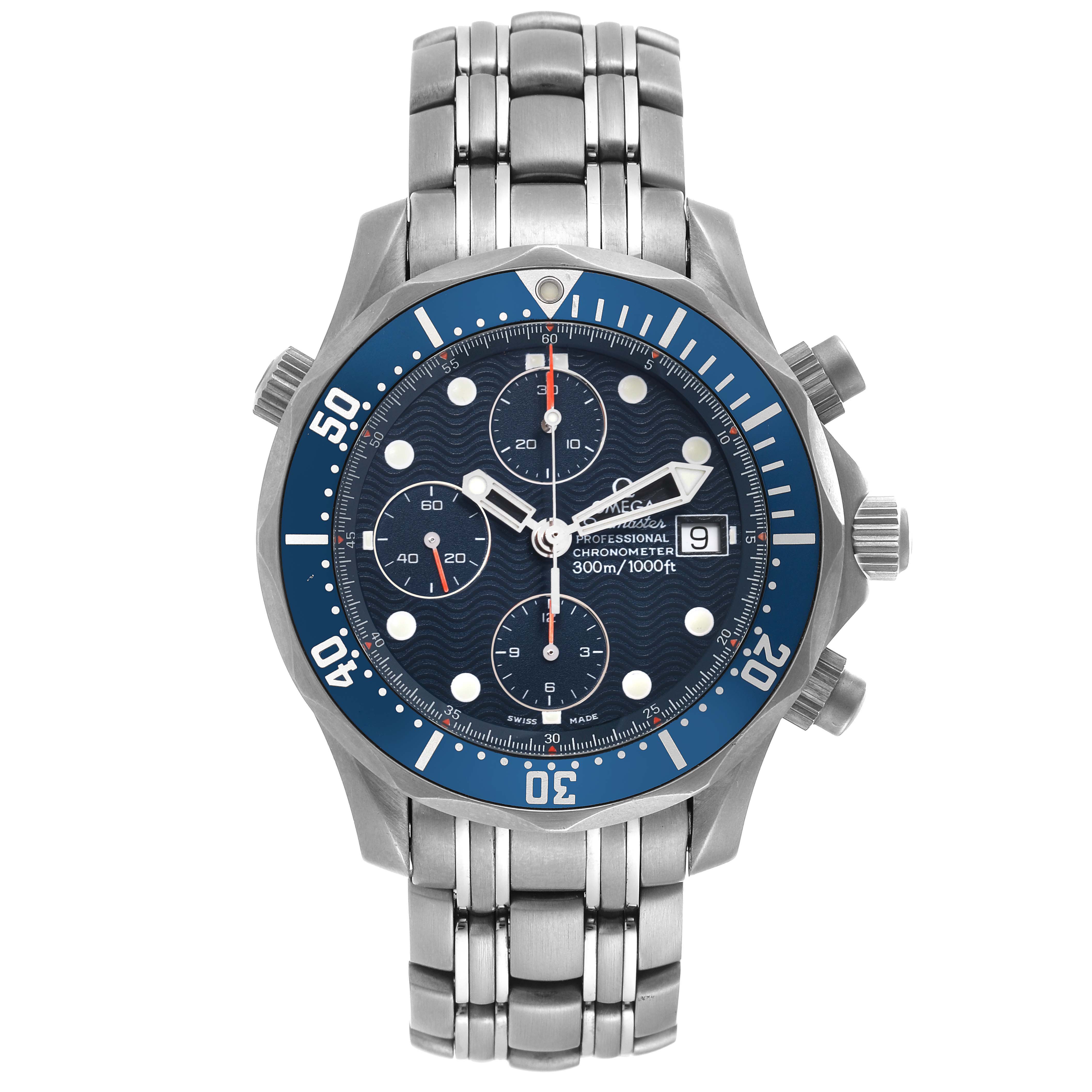 The Omega Seamaster 2298.80.00 Men's Stainless Steel Blue Dial 2298.80.00 Men's Stainless Steel Blue Dial watch is shown from the front, displaying the dial, bezel, buttons, and metal bracelet.