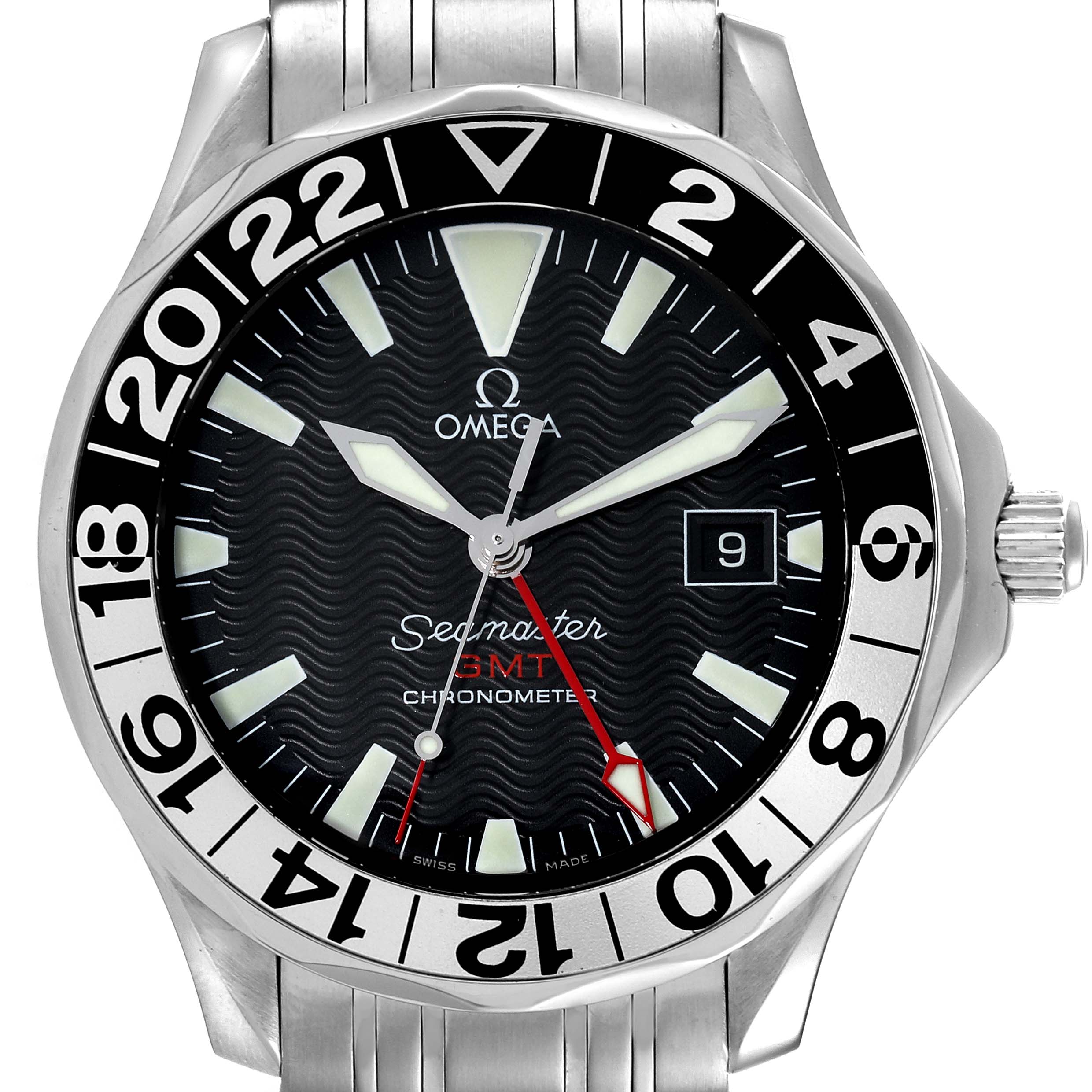 The Omega Seamaster 2234.50.00 Men's Stainless Steel Black Dial 2234.50.00 Men's Stainless Steel Black Dial watch is shown from a front angle, highlighting its black dial, bezel, and stainless steel bracelet.