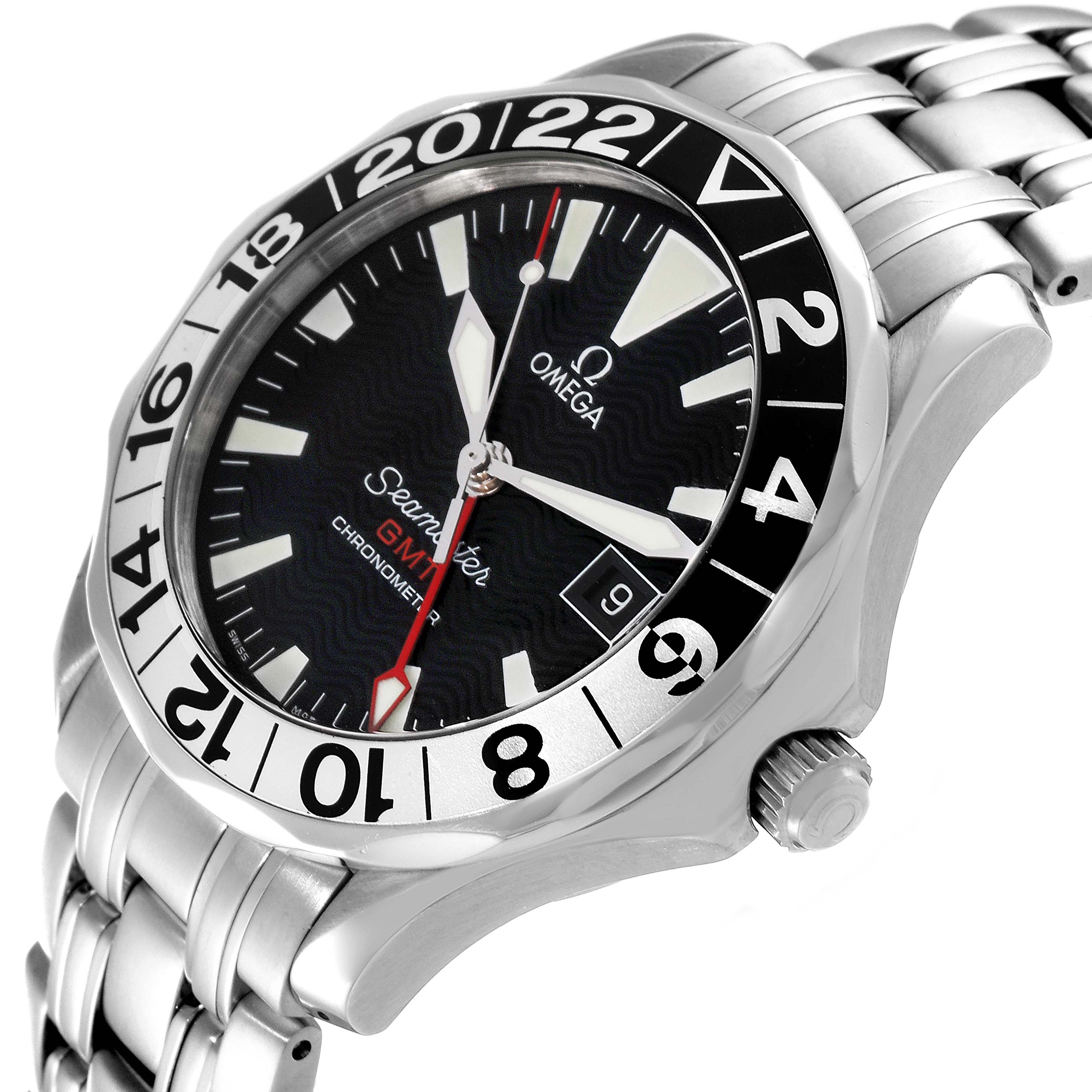 This image shows the face and metal bracelet of an Omega Seamaster 2234.50.00 Men's Stainless Steel Black Dial 2234.50.00 Men's Stainless Steel Black Dial GMT watch from a slightly angled perspective.