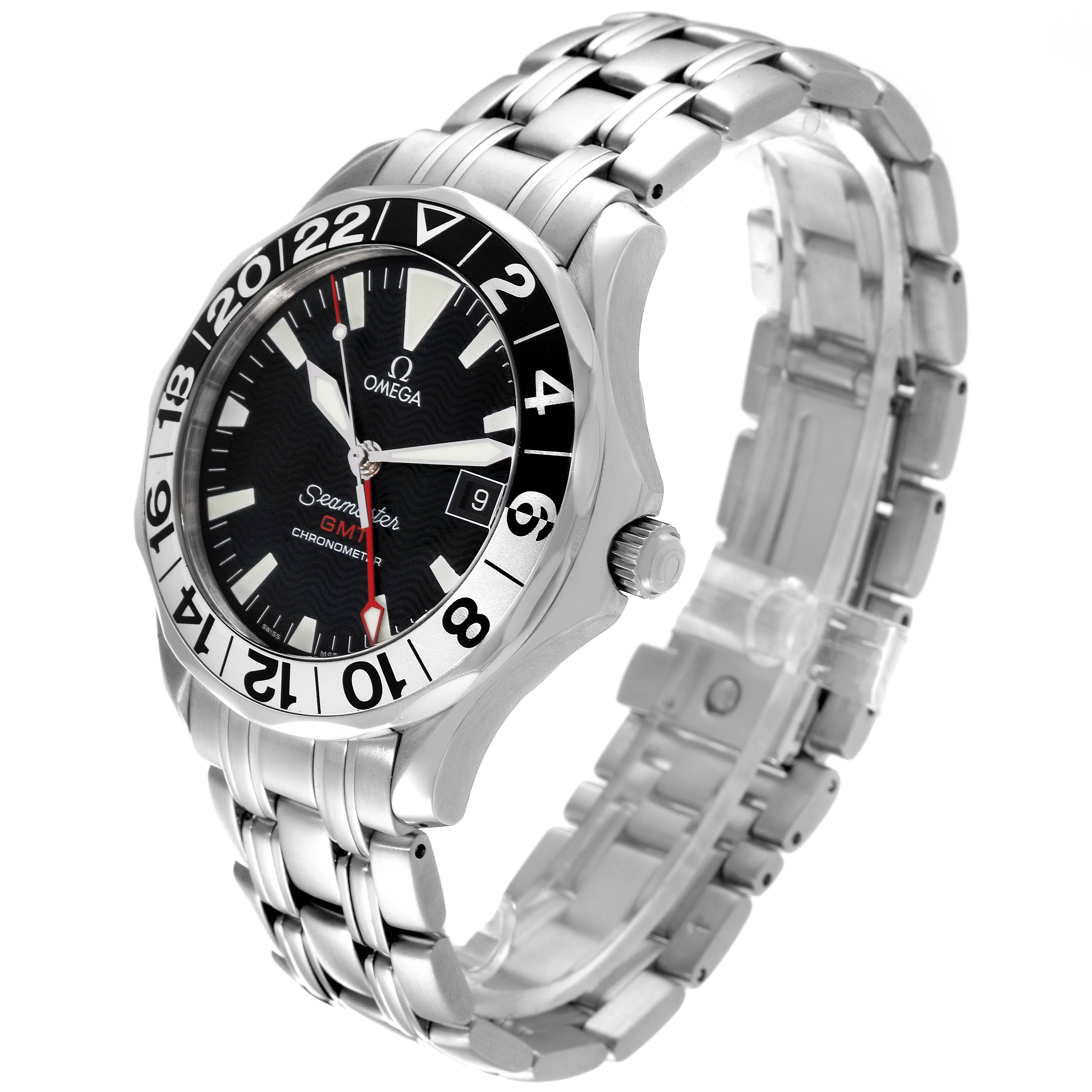 The Omega Seamaster 2234.50.00 Men's Stainless Steel Black Dial 2234.50.00 Men's Stainless Steel Black Dial watch is shown at a front-side angle highlighting its face, bezel, crown, and stainless steel bracelet.