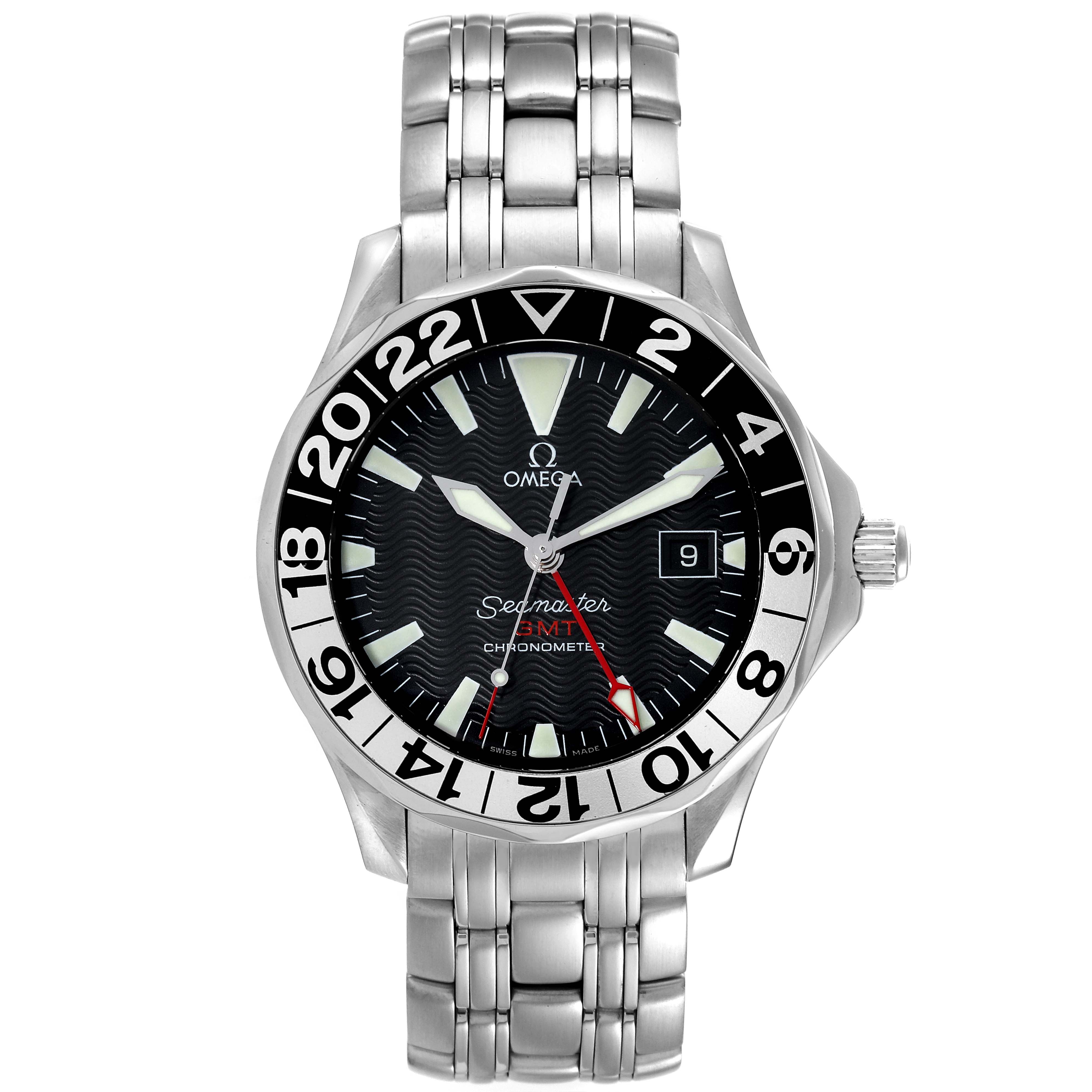 This image shows a front view of the Omega Seamaster 2234.50.00 Men's Stainless Steel Black Dial 2234.50.00 Men's Stainless Steel Black Dial watch displaying its face, bezel, and stainless steel bracelet.