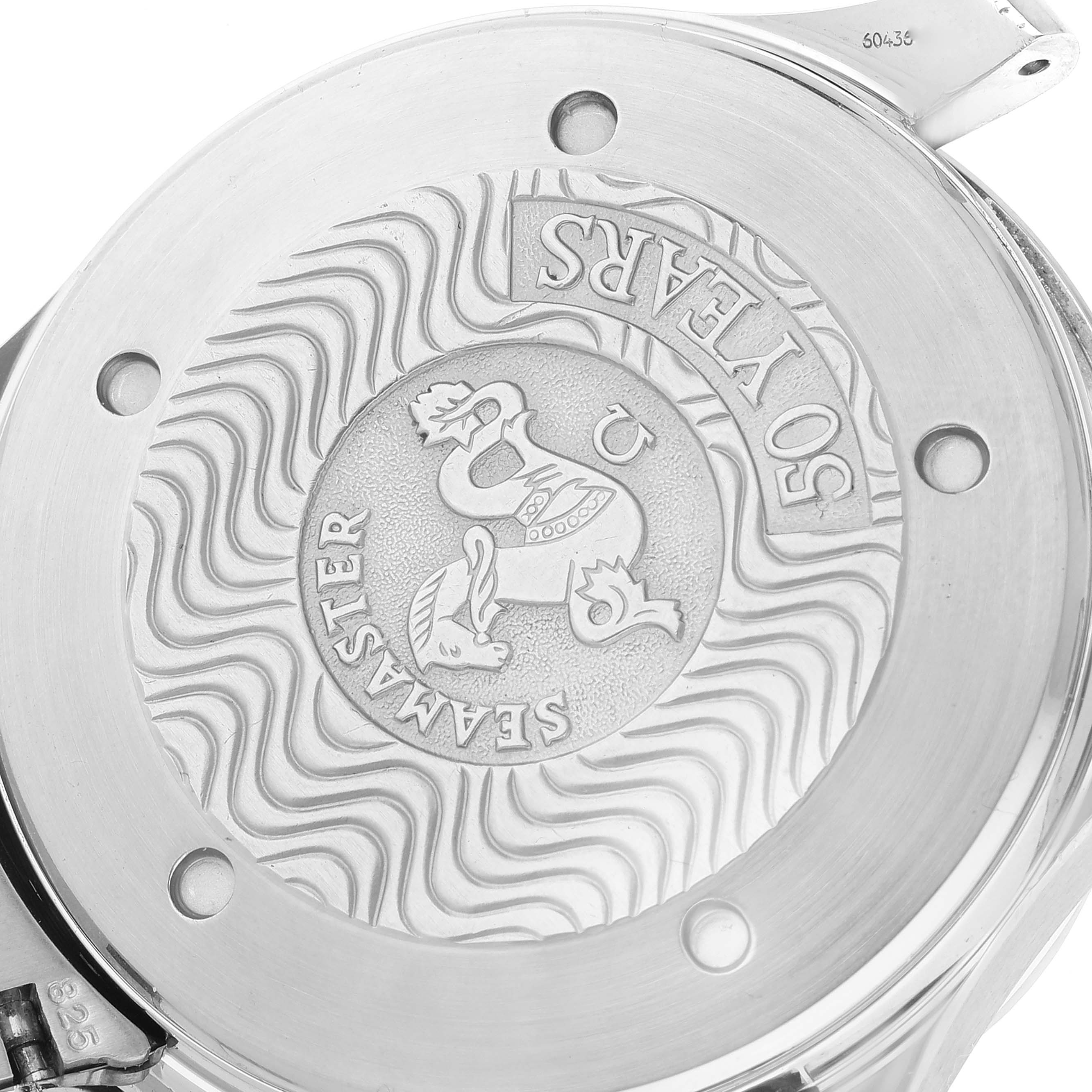 This is the case back of an Omega Seamaster 2234.50.00 Men's Stainless Steel Black Dial 2234.50.00 Men's Stainless Steel Black Dial watch, showing the engraved "50 years" and the Seamaster logo.