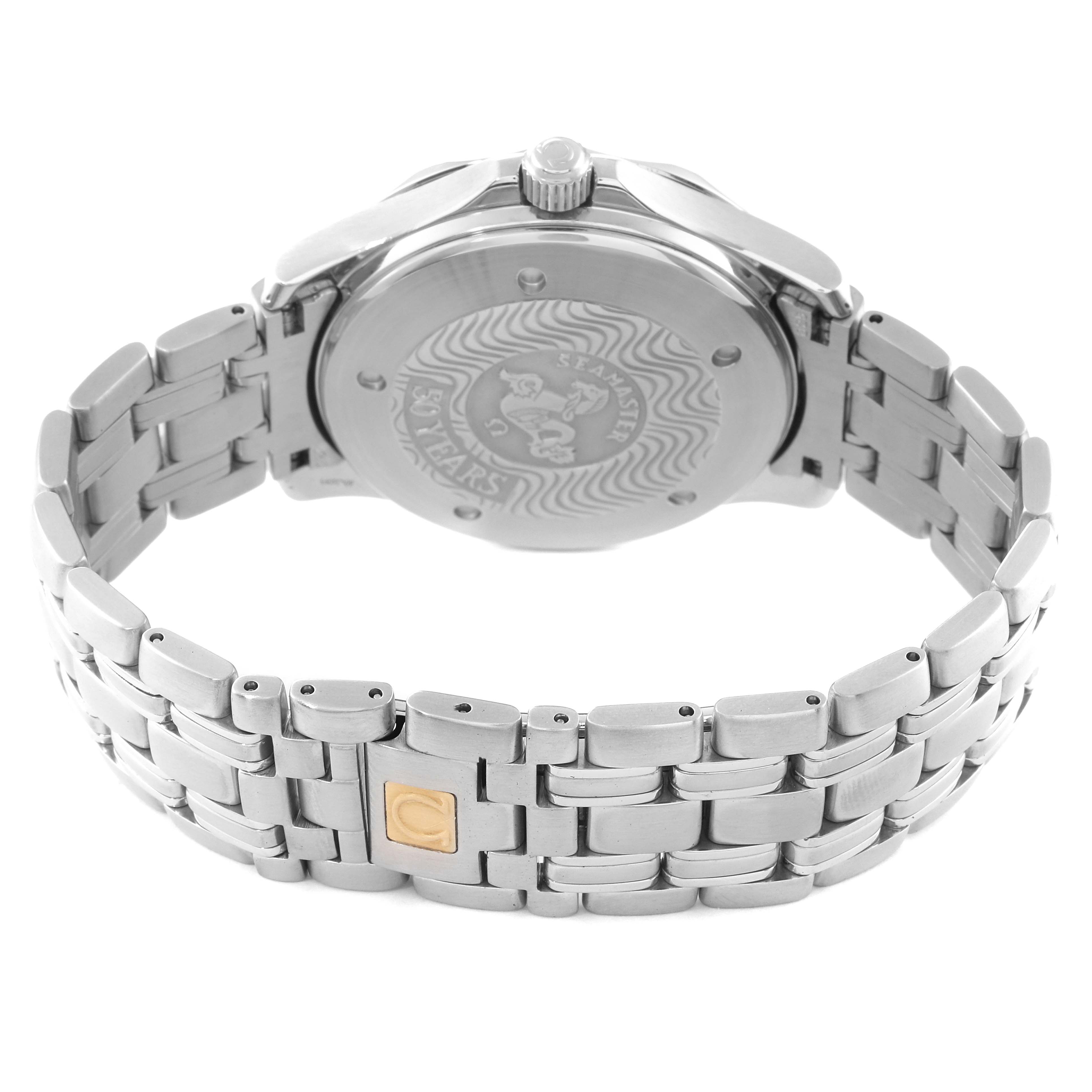This image shows the back of an Omega Seamaster 2234.50.00 Men's Stainless Steel Black Dial 2234.50.00 Men's Stainless Steel Black Dial watch, highlighting its metal bracelet and engraved case back.