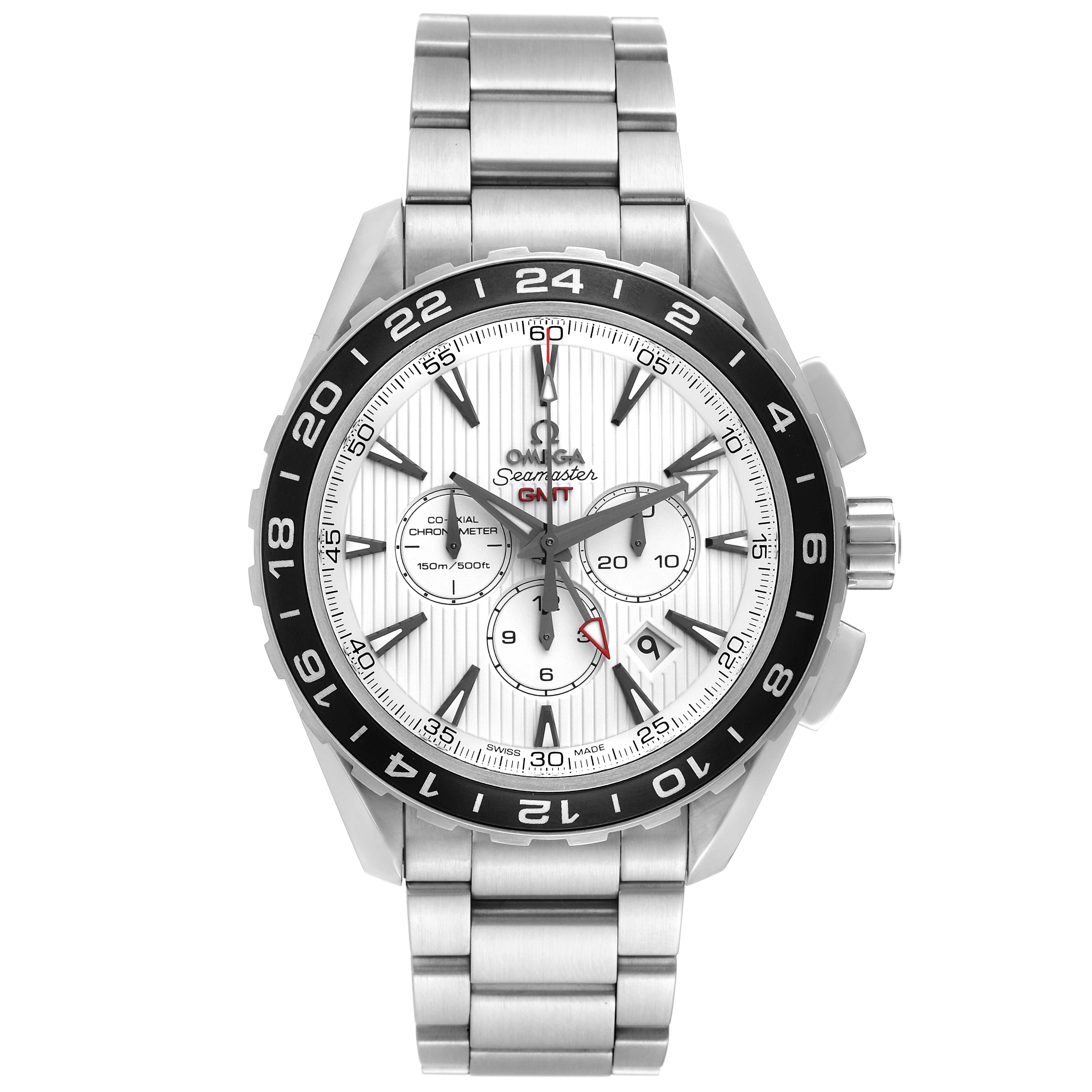 The Omega Seamaster 231.10.44.52.04.001 Men
s Stainless Steel White Dial 231.10.44.52.04.001 Men
s Stainless Steel White Dial watch is shown from a front angle, displaying its dial, bezel, and stainless steel bracelet.