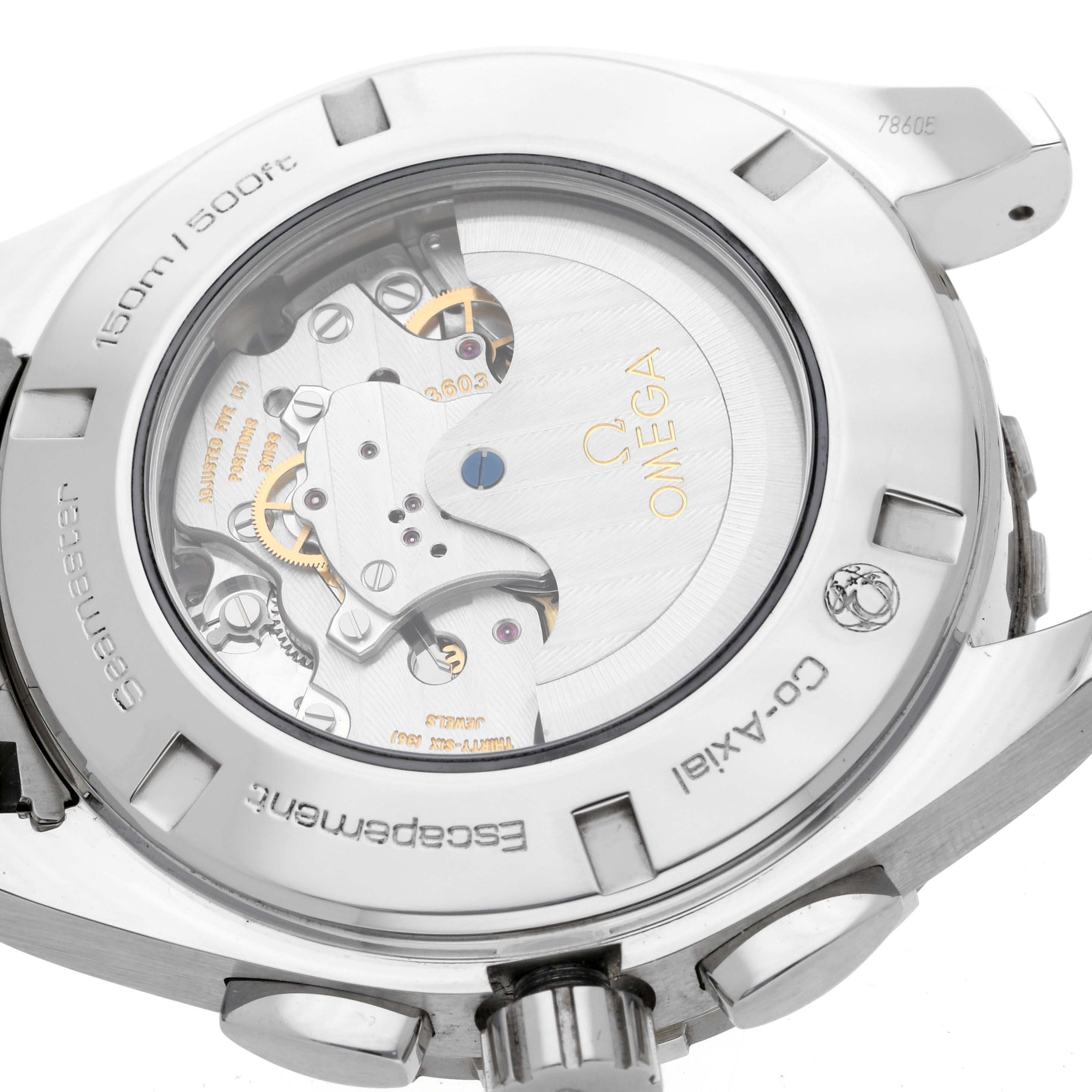 The image shows the back view of an Omega Seamaster 231.10.44.52.04.001 Men
s Stainless Steel White Dial 231.10.44.52.04.001 Men
s Stainless Steel White Dial watch, highlighting its Co-Axial movement and internal mechanics.