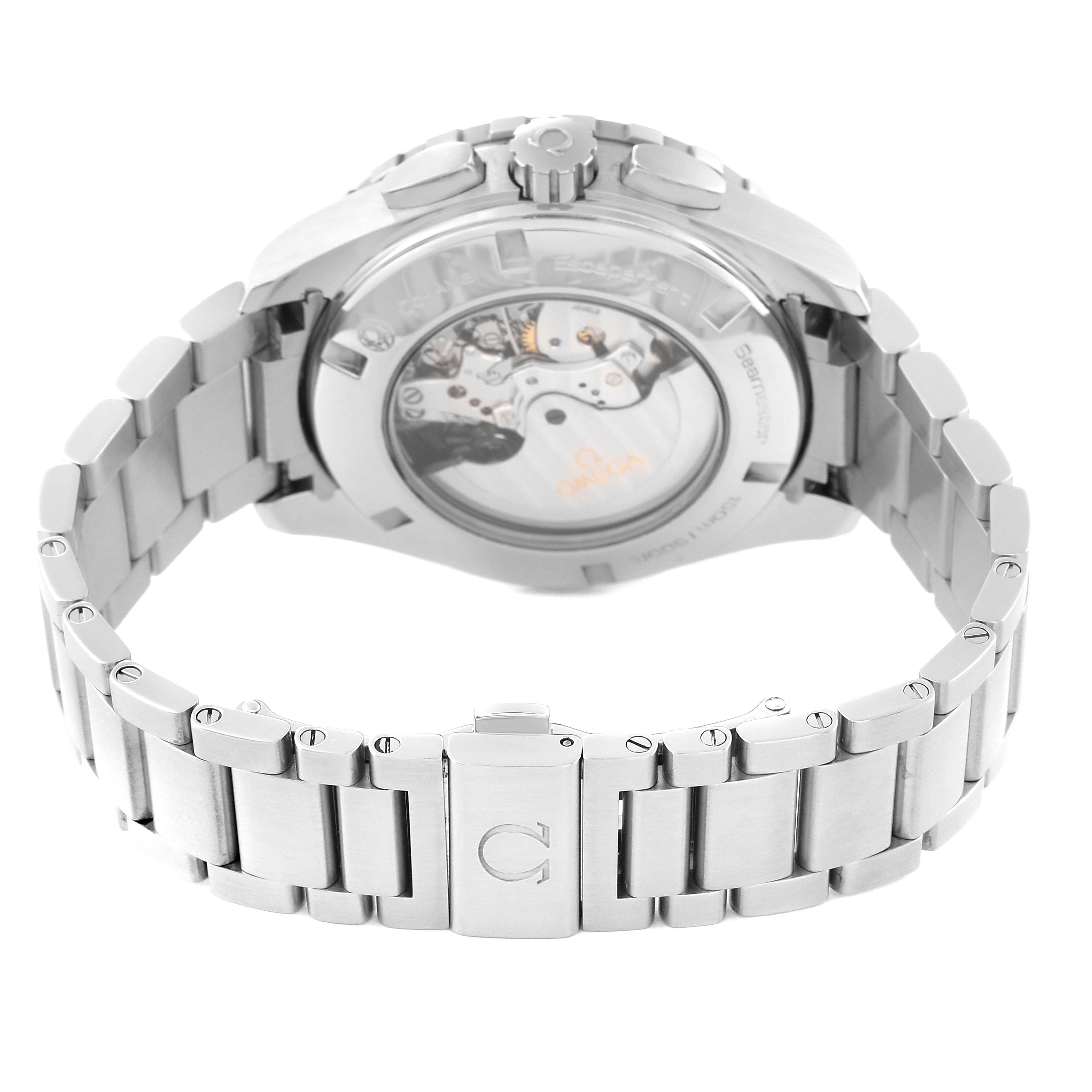 The image shows the back view of an Omega Seamaster 231.10.44.52.04.001 Men
s Stainless Steel White Dial 231.10.44.52.04.001 Men
s Stainless Steel White Dial watch, highlighting the metal bracelet and visible automatic movement through the transparent case back.