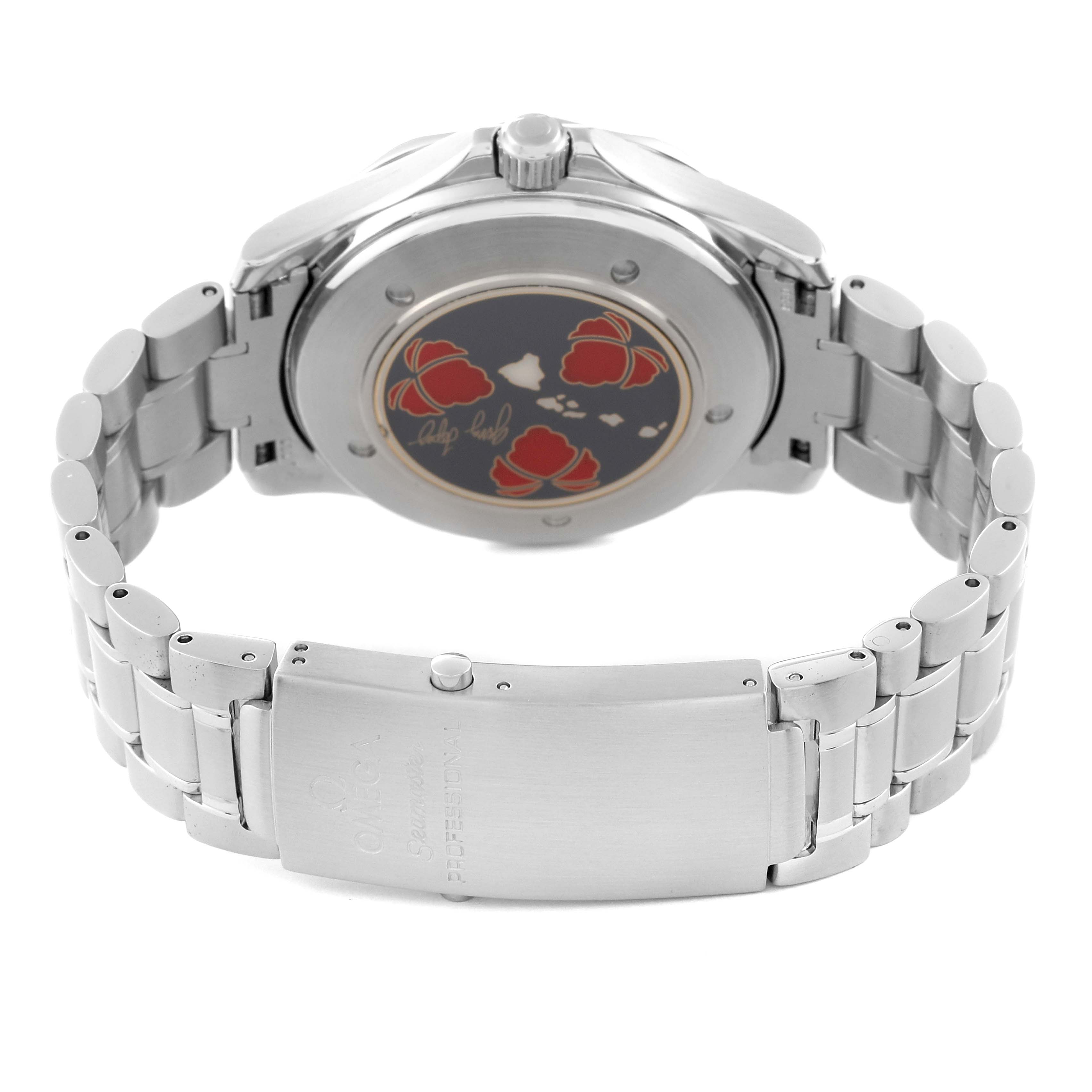 This image shows the back view and bracelet of an Omega Seamaster 2536.50.00 Men's Stainless Steel Black Dial 2536.50.00 Men's Stainless Steel Black Dial watch, highlighting the case back design and clasp.