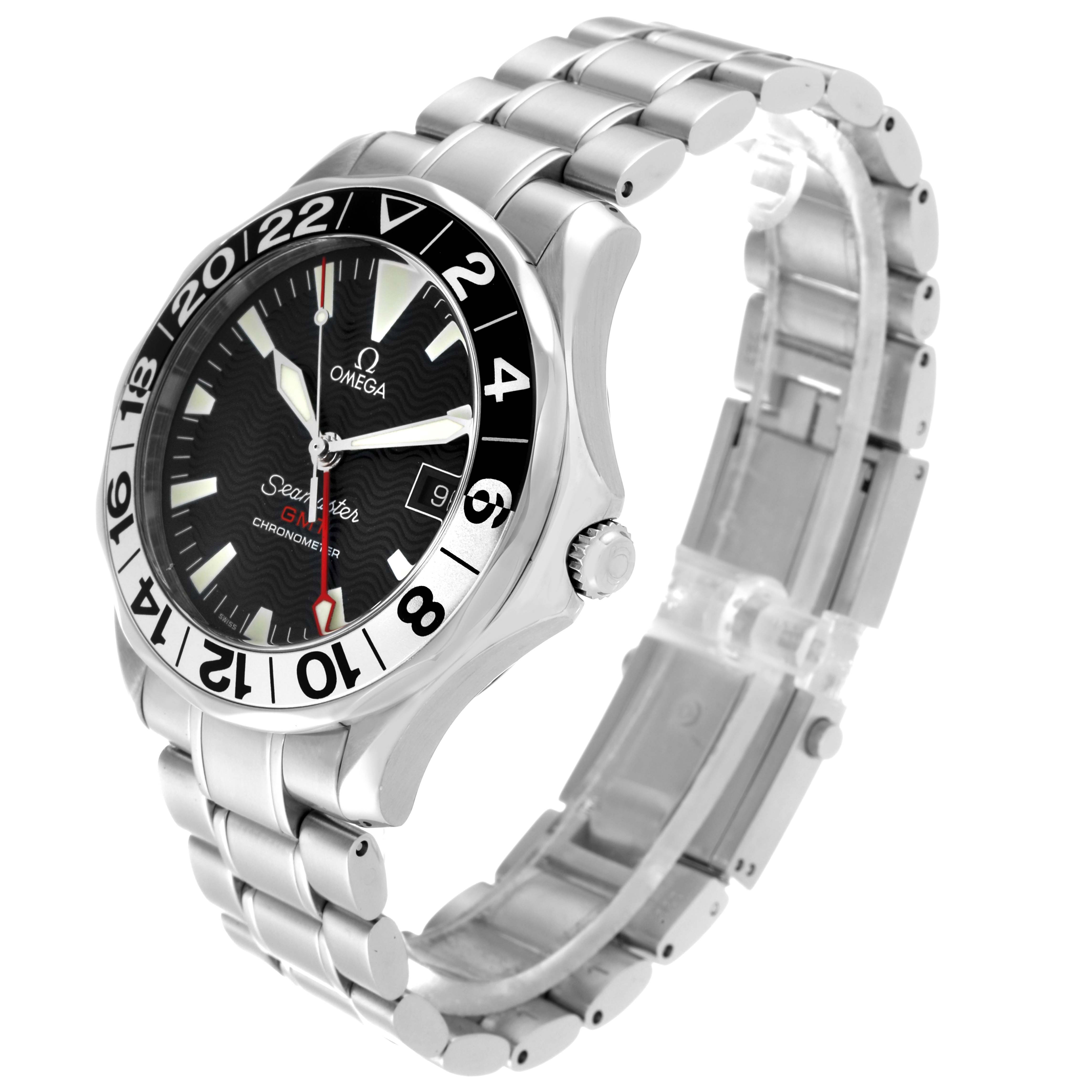 The image shows a side angle of an Omega Seamaster 2536.50.00 Men's Stainless Steel Black Dial 2536.50.00 Men's Stainless Steel Black Dial wristwatch displaying its face, bezel, crown, and bracelet.