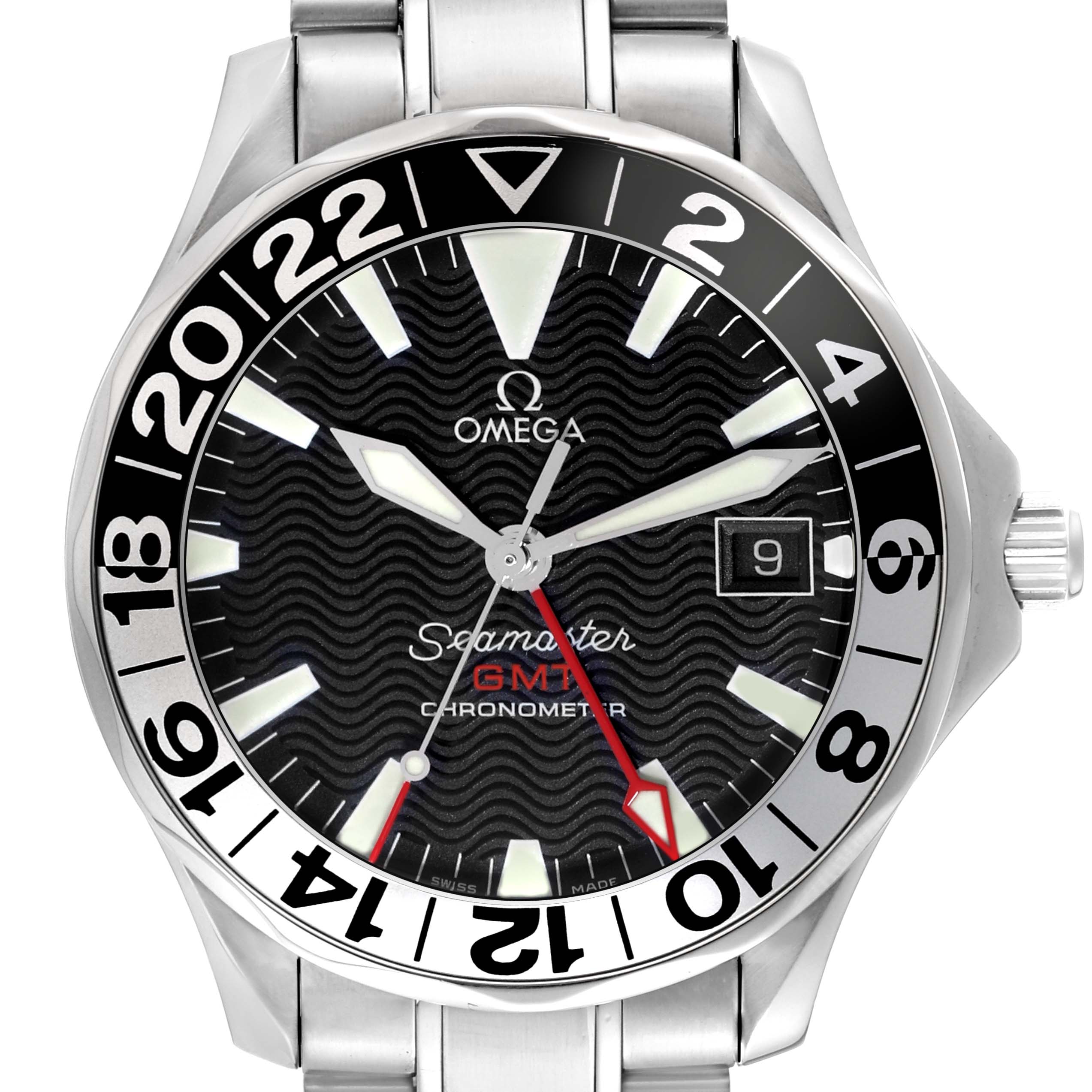 The image shows a frontal view of an Omega Seamaster 2536.50.00 Men's Stainless Steel Black Dial 2536.50.00 Men's Stainless Steel Black Dial GMT Chronometer watch, highlighting the face, bezel, and part of the bracelet.