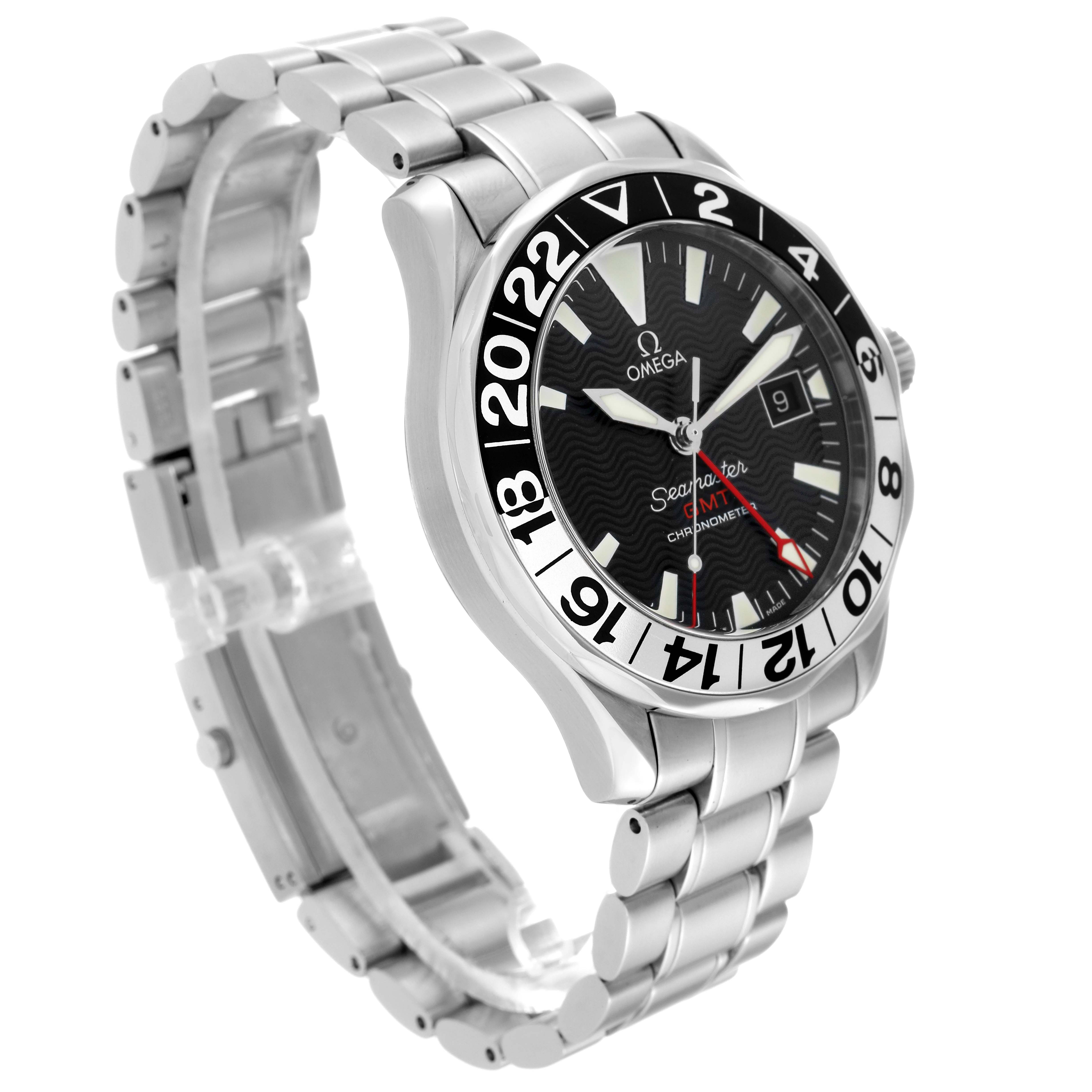 The image shows an Omega Seamaster 2536.50.00 Men's Stainless Steel Black Dial 2536.50.00 Men's Stainless Steel Black Dial watch from an angled top-side view, highlighting the bezel, face, and bracelet.