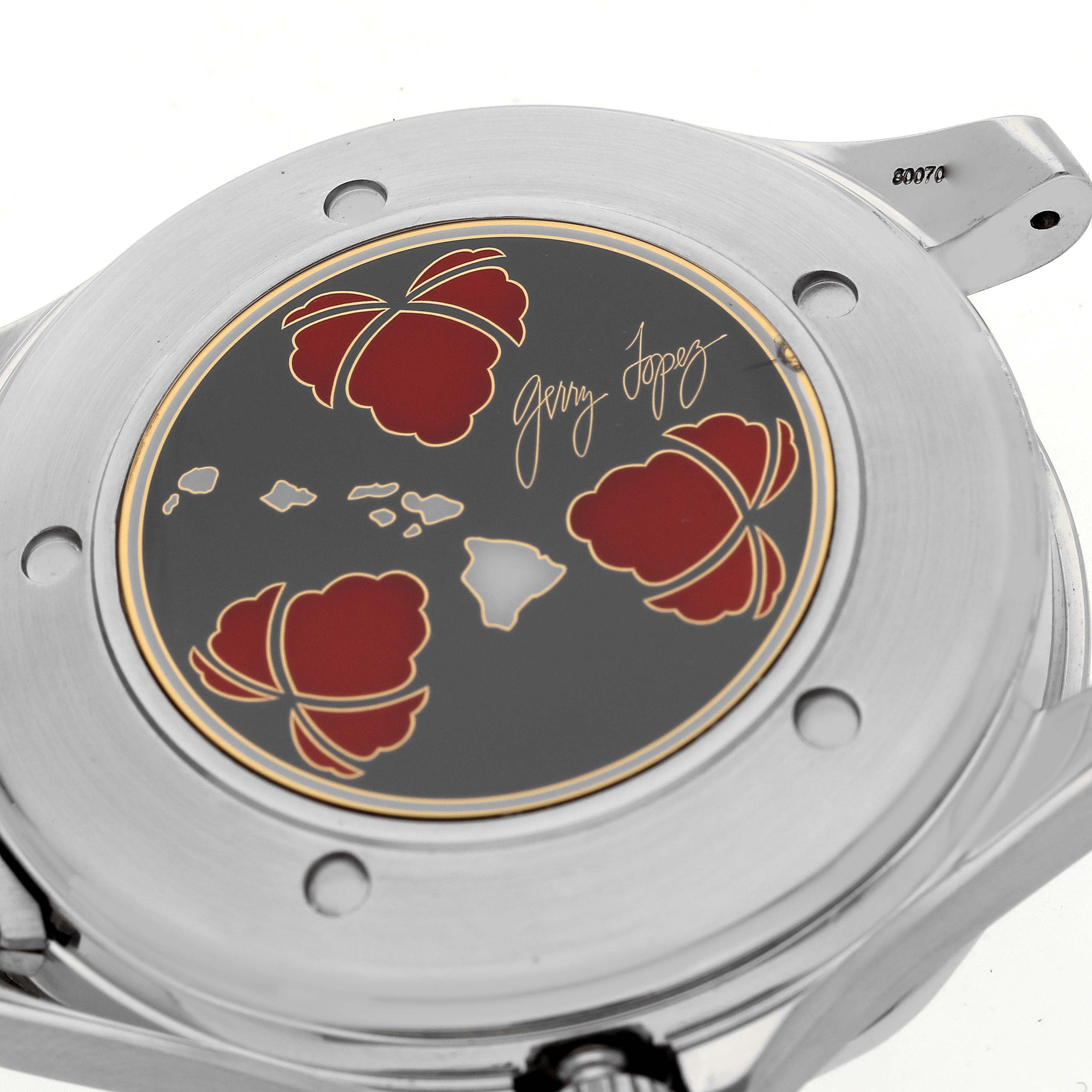 The image shows the back case of the Omega Seamaster 2536.50.00 Men's Stainless Steel Black Dial 2536.50.00 Men's Stainless Steel Black Dial watch, featuring a design with red symbols and the signature "Jerry Lopez."