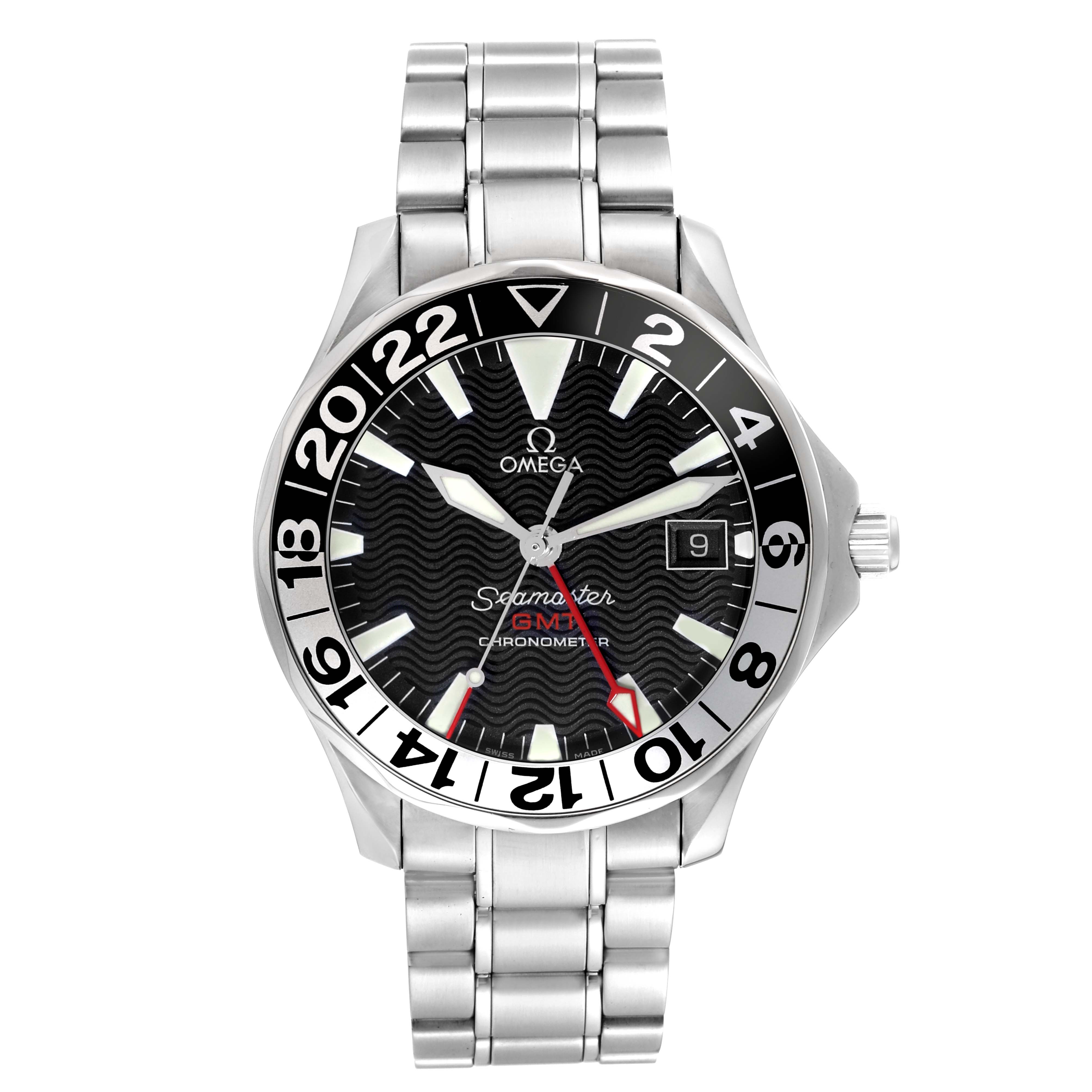 This image shows a front view of the Omega Seamaster 2536.50.00 Men's Stainless Steel Black Dial 2536.50.00 Men's Stainless Steel Black Dial GMT watch, displaying its face, bezel, bracelet, crown, and date window.