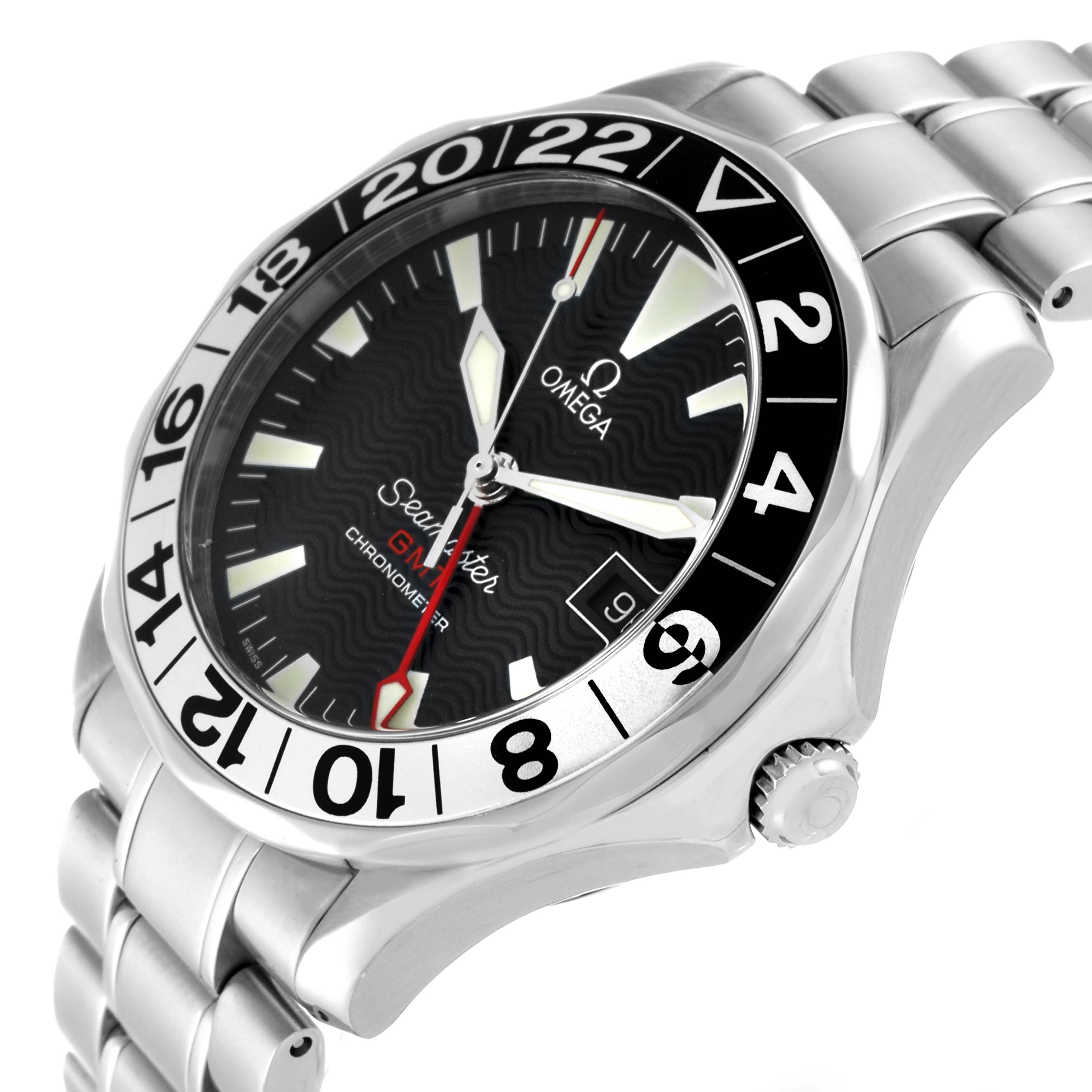 The Omega Seamaster 2536.50.00 Men's Stainless Steel Black Dial 2536.50.00 Men's Stainless Steel Black Dial watch is shown at a three-quarter angle, highlighting the face, bezel, crown, and part of the stainless steel bracelet.
