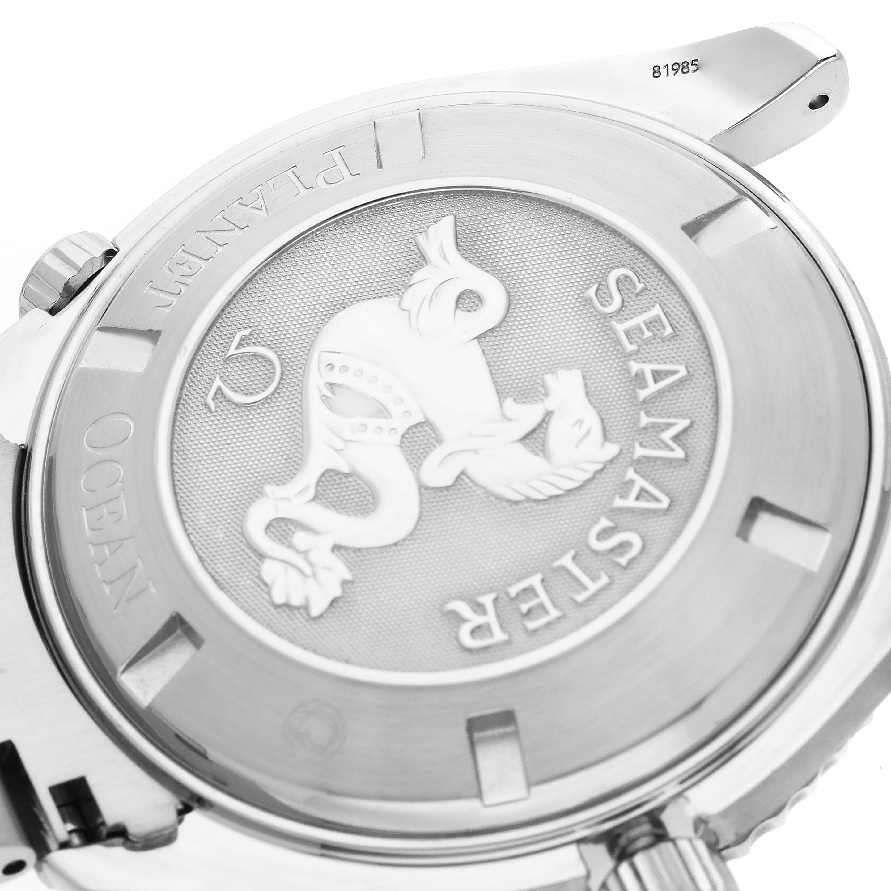 The image shows the case back of the Omega Planet Ocean 2208.50.00 Men's Stainless Steel Black Dial 2208.50.00 Men's Stainless Steel Black Dial watch, featuring the Seamaster emblem.