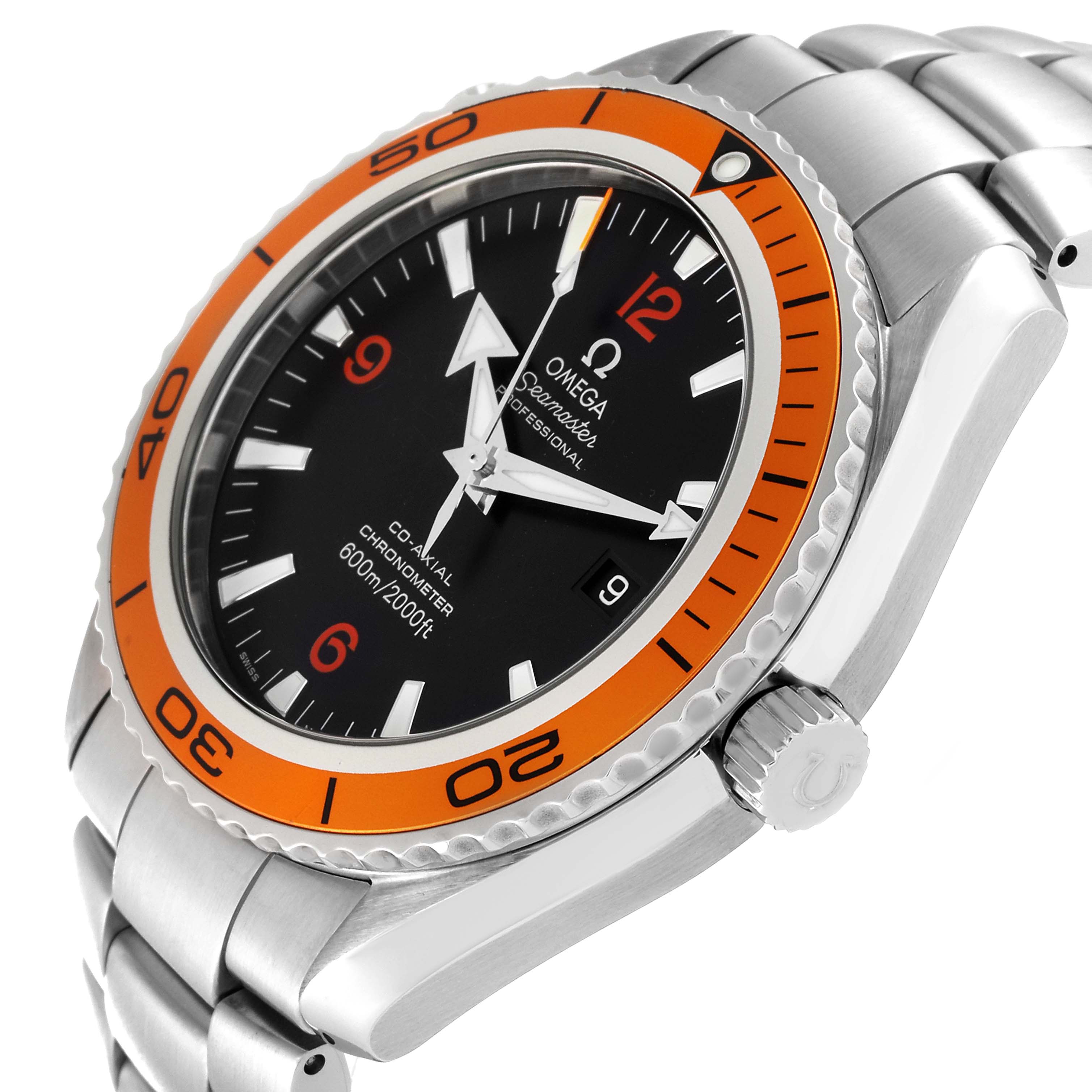 The image shows a diagonal view of the Omega Planet Ocean 2208.50.00 Men's Stainless Steel Black Dial 2208.50.00 Men's Stainless Steel Black Dial watch, featuring its face, bezel, crown, and part of the strap.