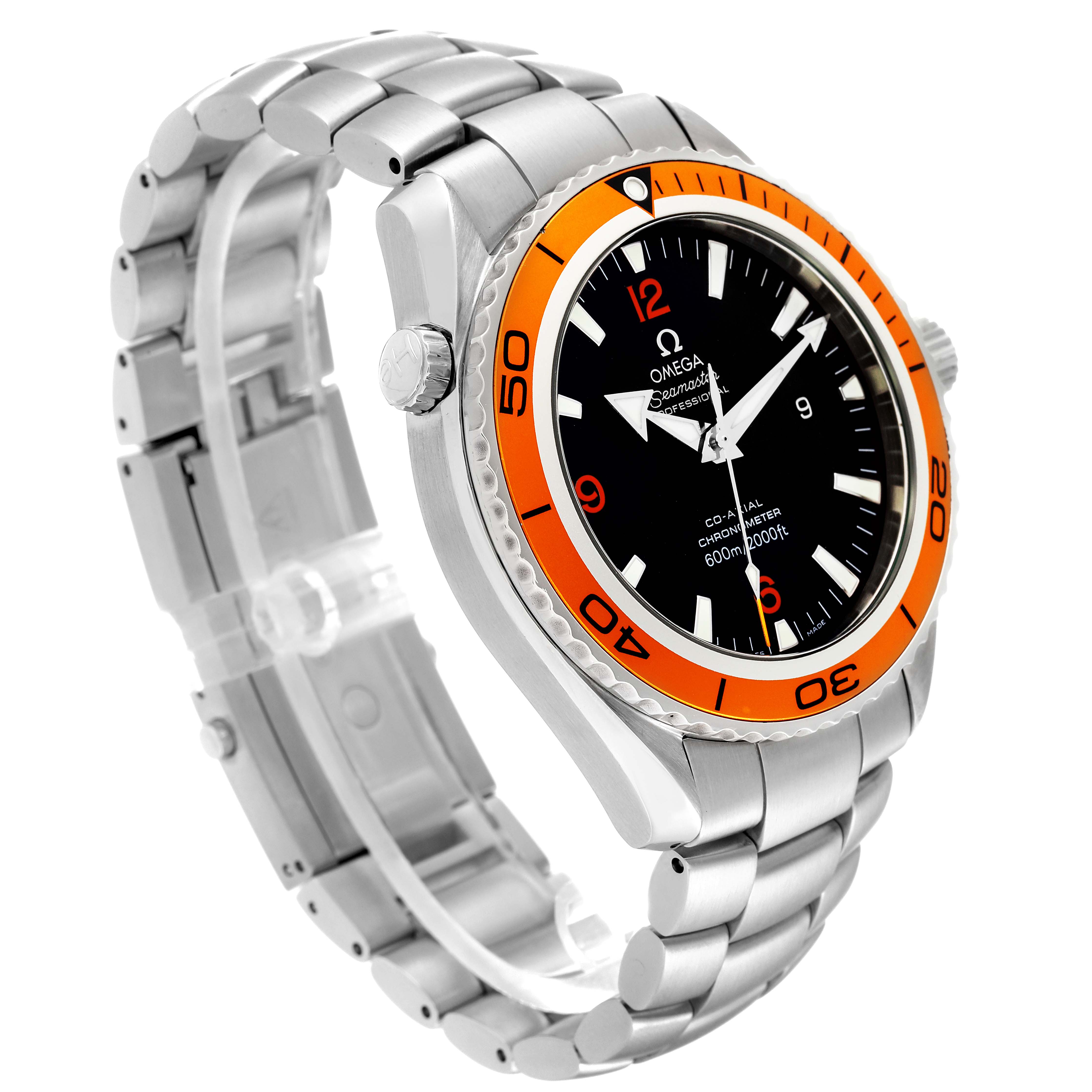 This image shows an Omega Planet Ocean 2208.50.00 Men's Stainless Steel Black Dial 2208.50.00 Men's Stainless Steel Black Dial watch at a three-quarter angle, highlighting its orange bezel, black dial, and stainless steel bracelet.